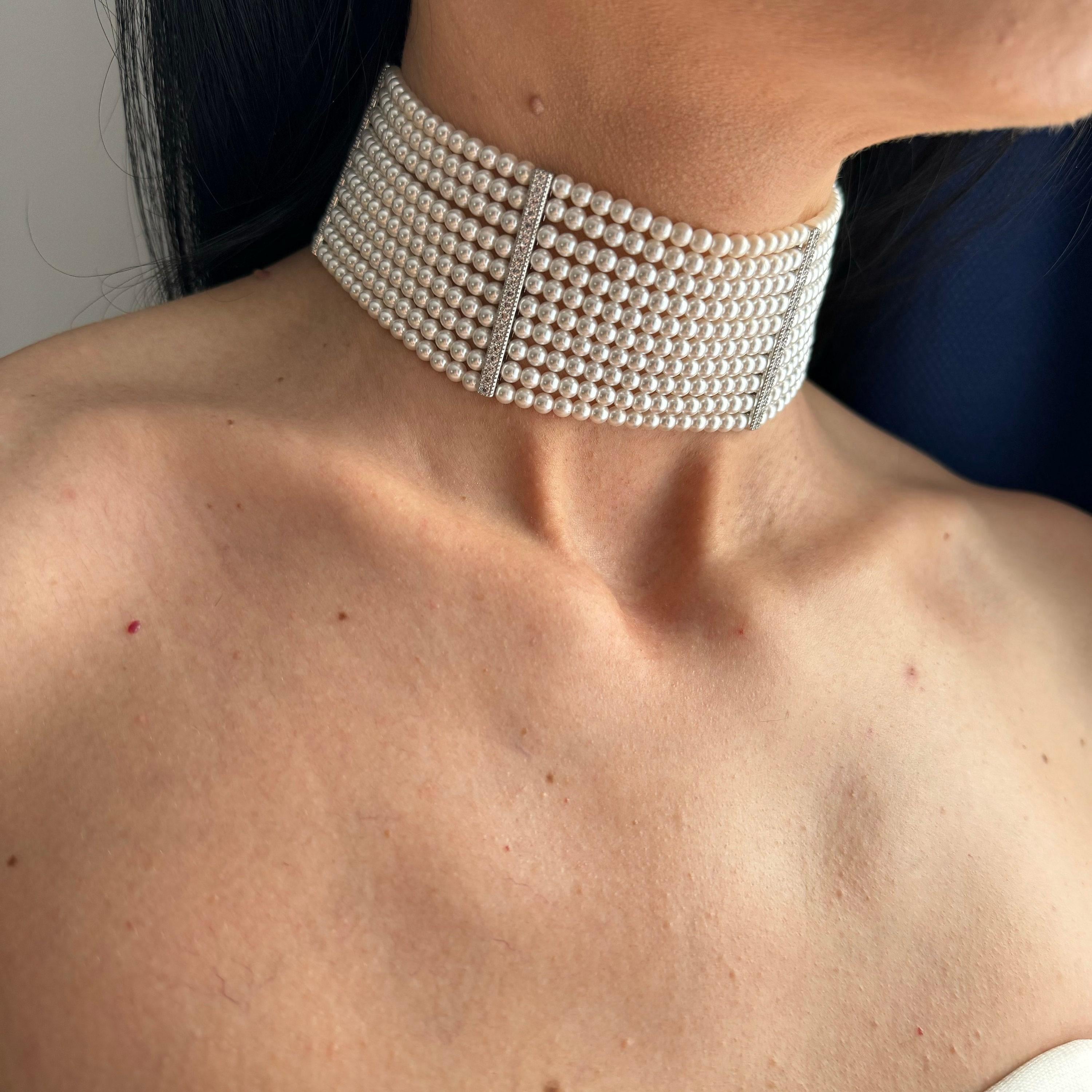 Layered Pearl Choker Wedding Necklace Bridal Accessory Statement Piece Ten Strand Design Diamante Details Adjustable Chain White Pearls Formal Event Jewelry Special Occasion Gift Idea Sophisticated Elegant Timeless Classic Wedding Day