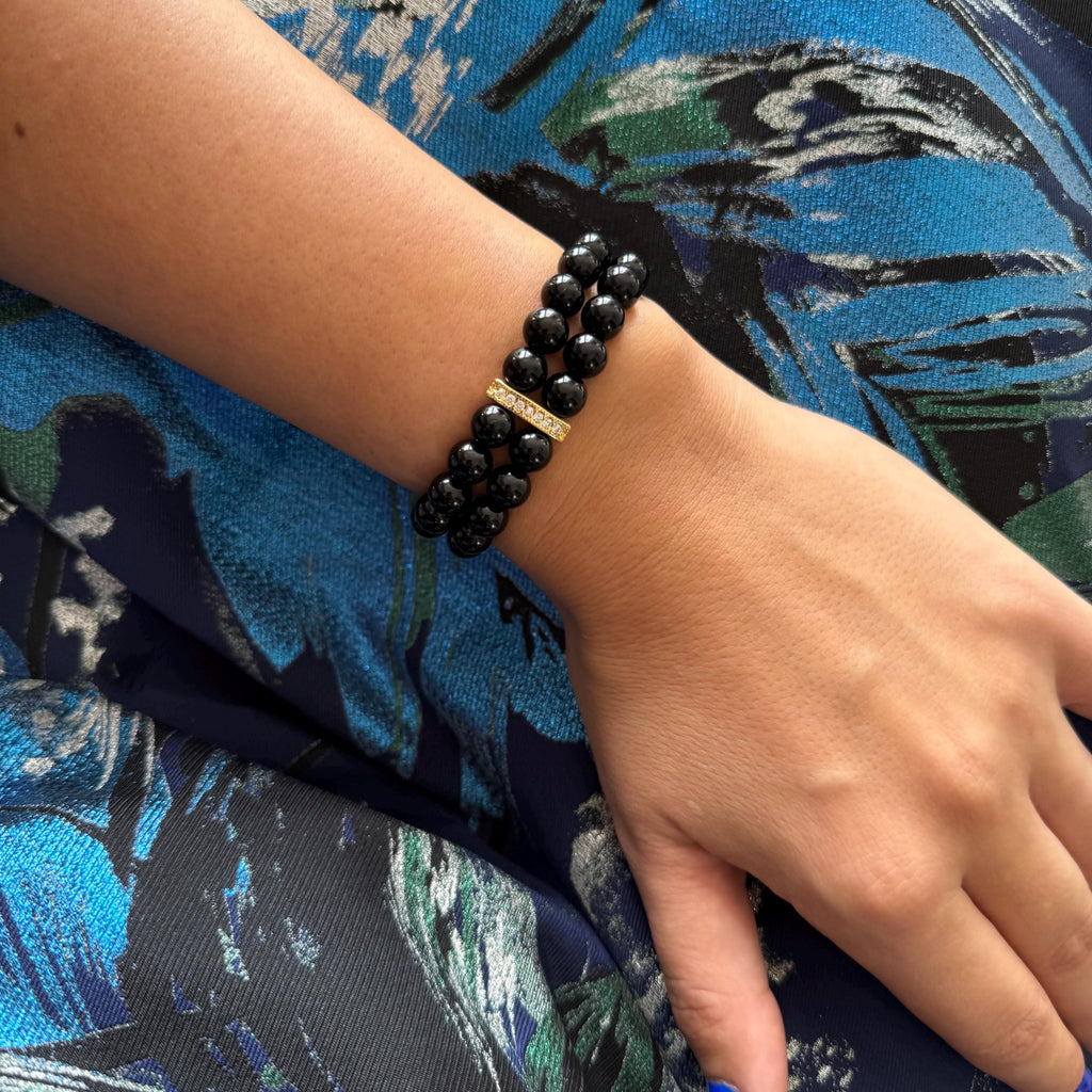 Layered Pearl Bracelet Vintage Style Statement Piece Bridal Accessory Wedding Jewelry Double Strand Design Black Pearl Collection Elegant Wrist Adornment Formal Event Jewelry Classic Timeless Look Multiple Size Options Gold Plated Spacers
