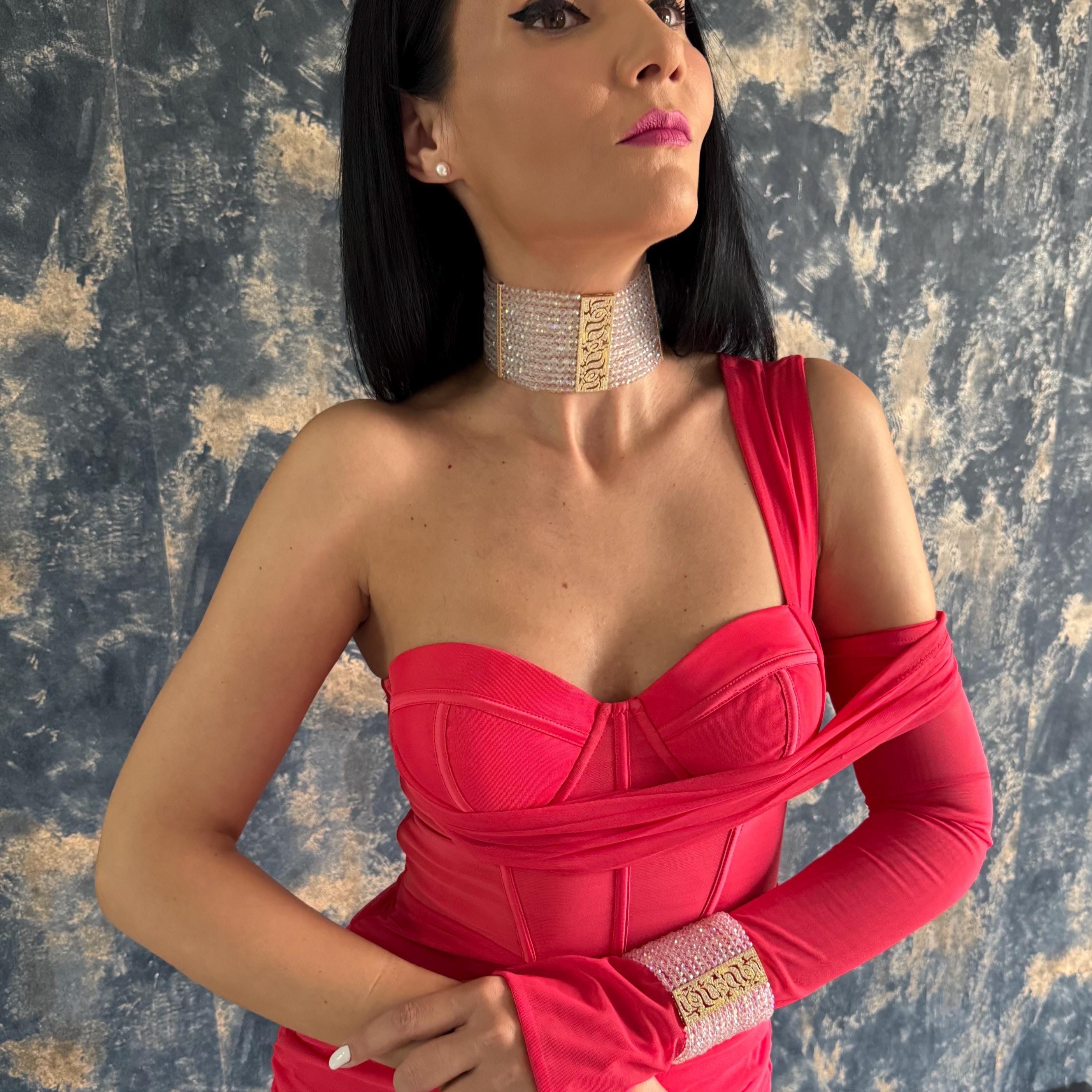 Crystal Choker Necklace Wide Statement Piece Elegant Wedding Accessory Gold Faceted Design Iridescent Glass Beads Zircon Centerpiece Bridal Jewelry Collection Customizable Length Option Formal Event Neckpiece Glamorous Evening Wear Luxury