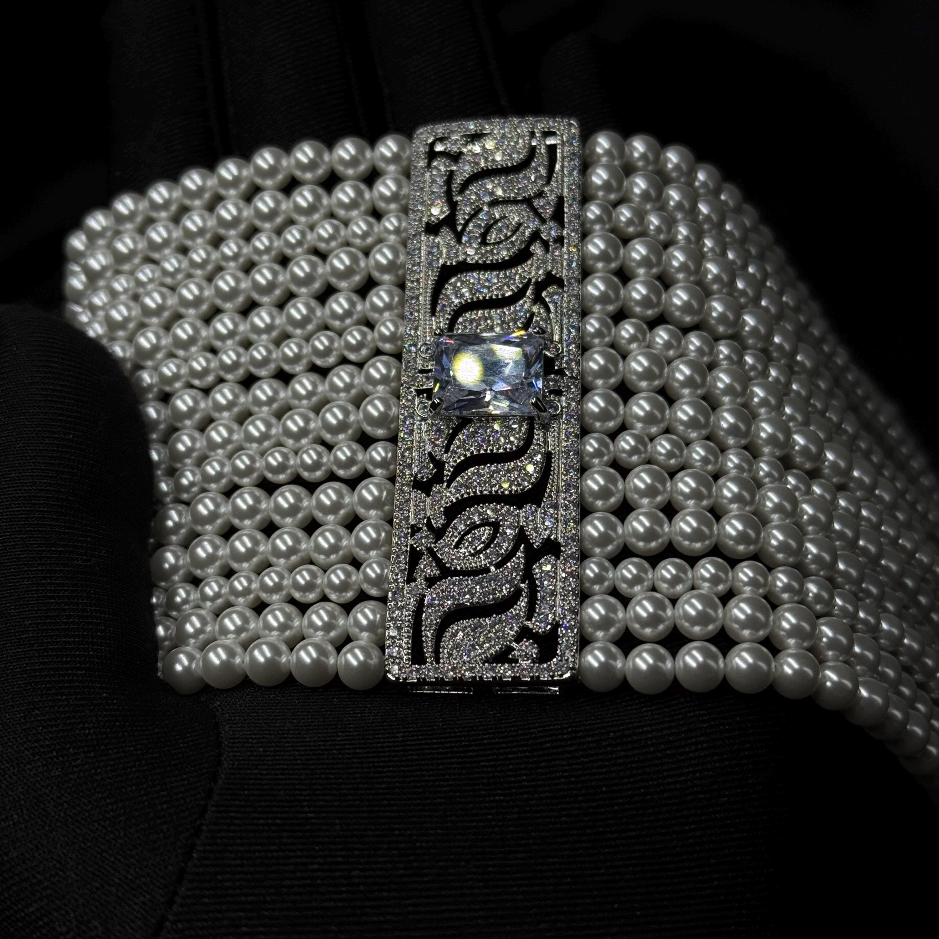 Custom Length Necklace White Pearl Choker Handmade Bridal Jewelry Versatile Wedding Accessory Adjustable Size Option Multi Strand Design Premium Shell Pearls Platinum Plated Elements Zircon Detail Elegant Statement Piece Luxury Formal Look