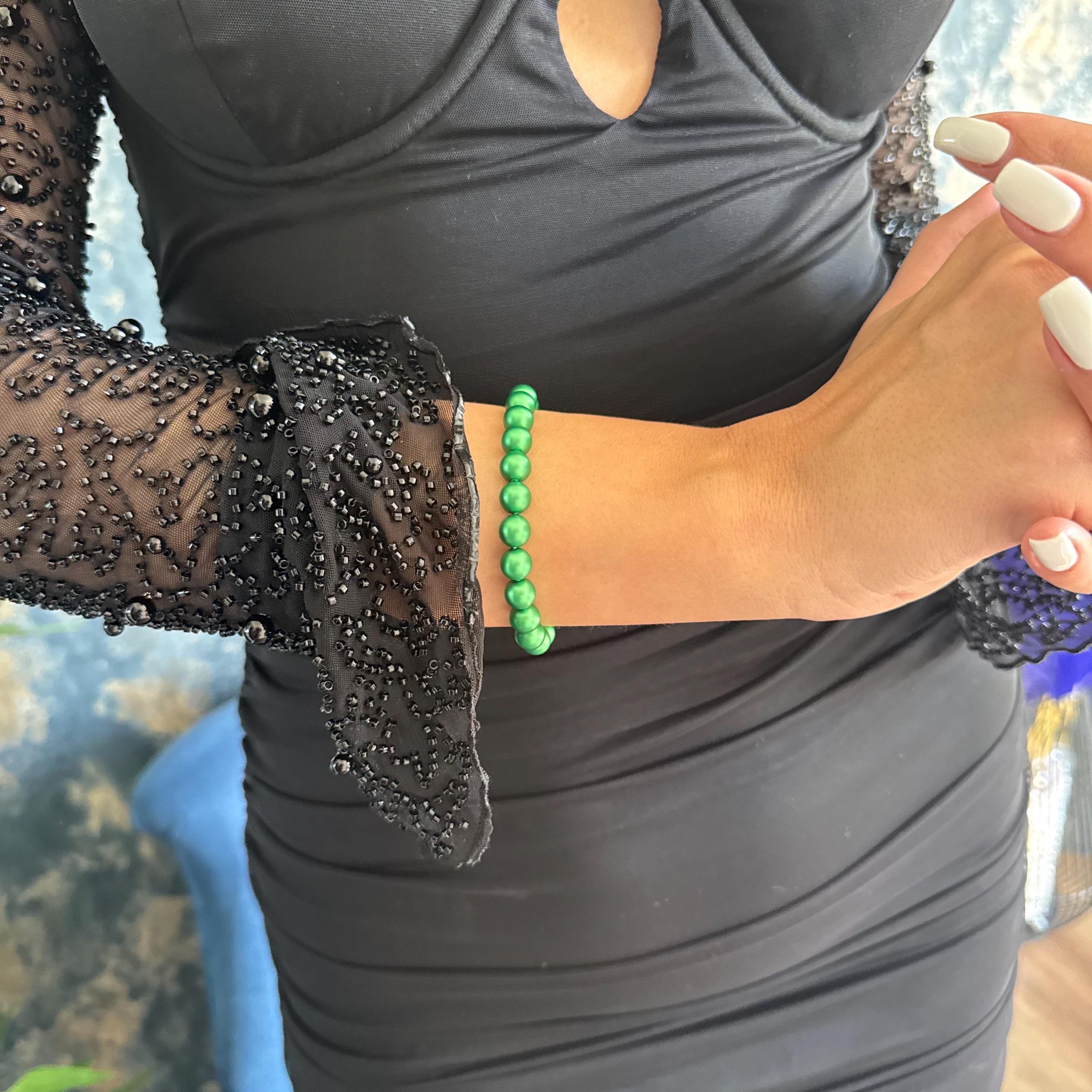 Green Pearl Bracelet Handmade Jewelry Gift Idea Christmas Present Secret Santa Exchange Festive Holiday Accessory Crystal Stretch Design Adjustable Wrist Size Elegant Beaded Collection Premium Quality Construction Perfect Seasonal Gift