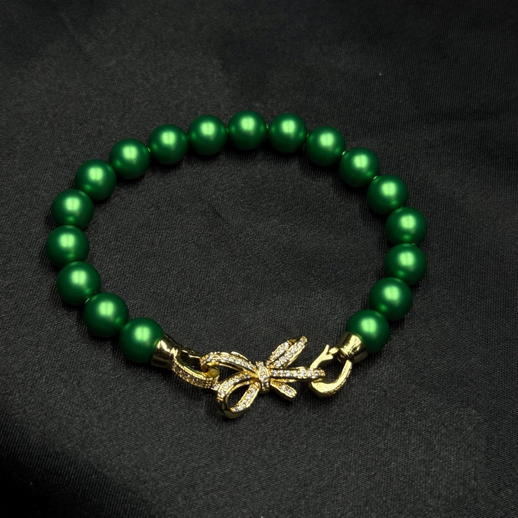 Handmade Crystal Bracelet Green Pearl Beads Premium Quality Construction Adjustable Stretch Design Perfect Gift Idea Holiday Present Exchange Secret Santa Option Christmas Giving Season Festive Accessory Elegant Wrist Jewelry Beautiful
