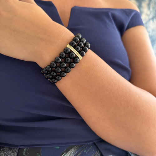 Black Pearl Bracelet Wedding Accessory Elegant Jewelry Triple Layer Design Crystal Pearls Formal Occasion Statement Piece Vintage Style Bridal Collection Classic Look Timeless Beauty Gold Plated Clasp Multiple Size Options Gift Ready