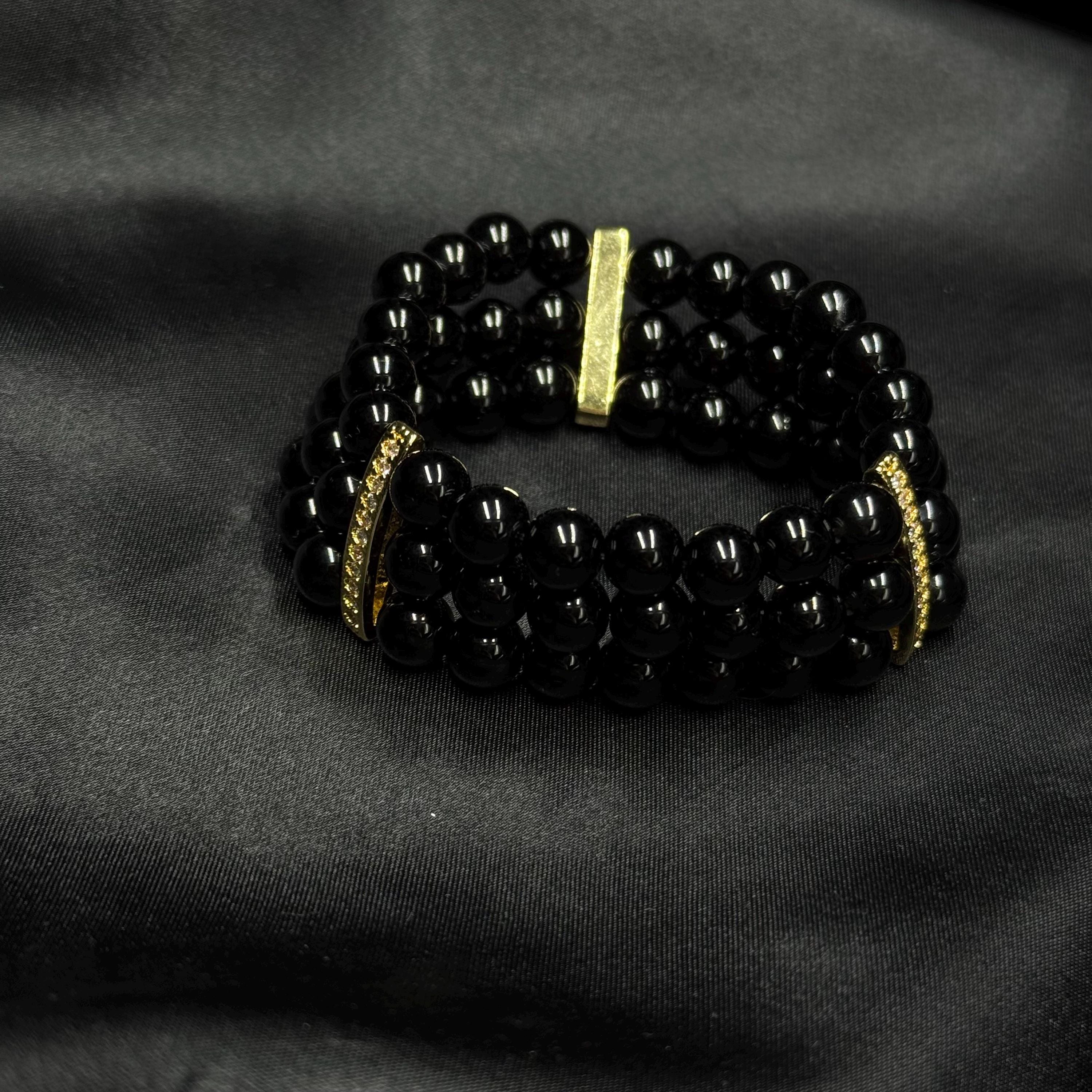 Black Crystal Pearl Bracelet, Triple Layer Vintage Style, Zircon Spacers
