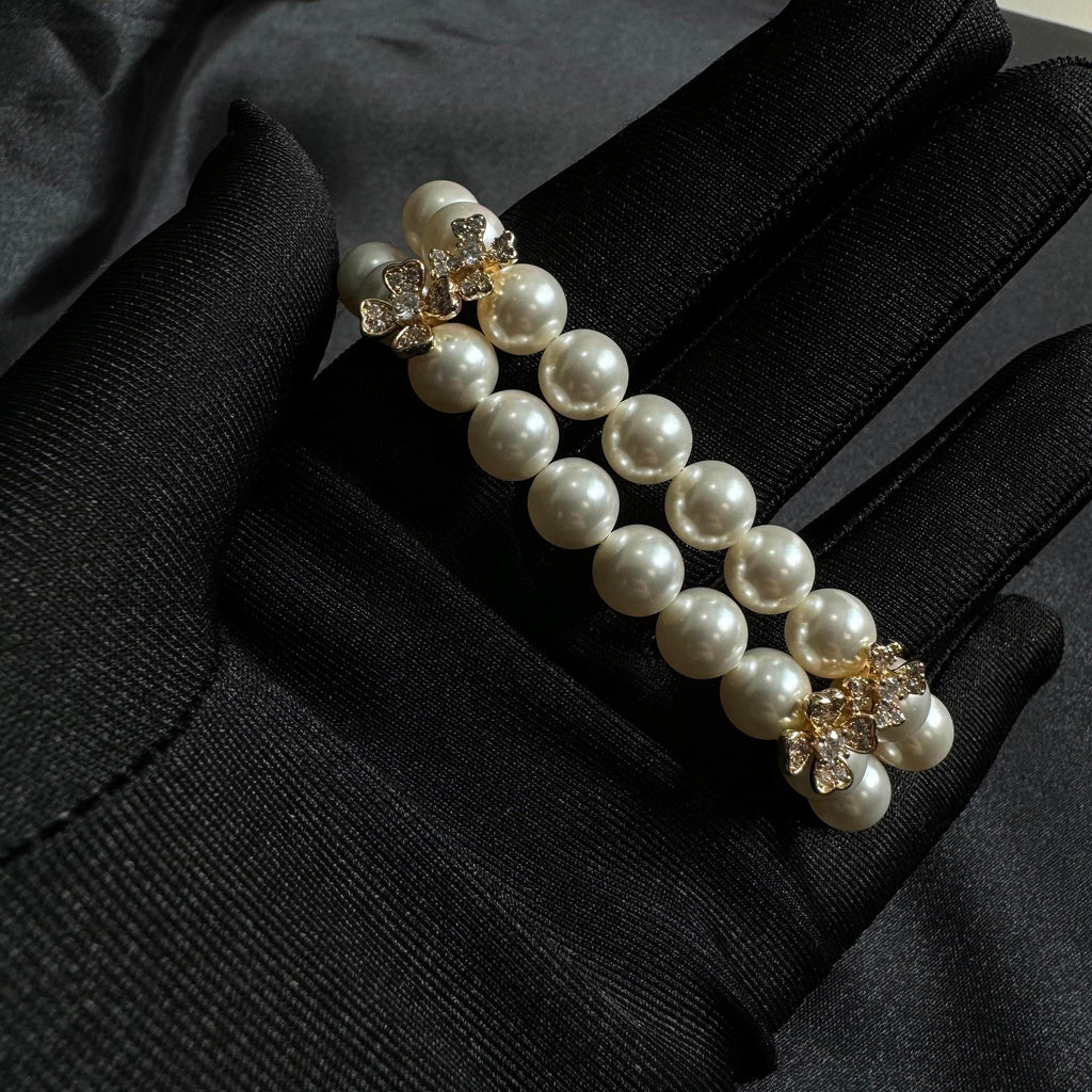 Luxury Pearl Bracelet Wedding Jewelry Collection Crystal Design Elegant Bridal Accessory Two Layer Style Rhinestone Flower Detail Gold Formal Piece Perfect Wedding Gift Beautiful Keepsake Special Occasion Essential Multiple Size Options
