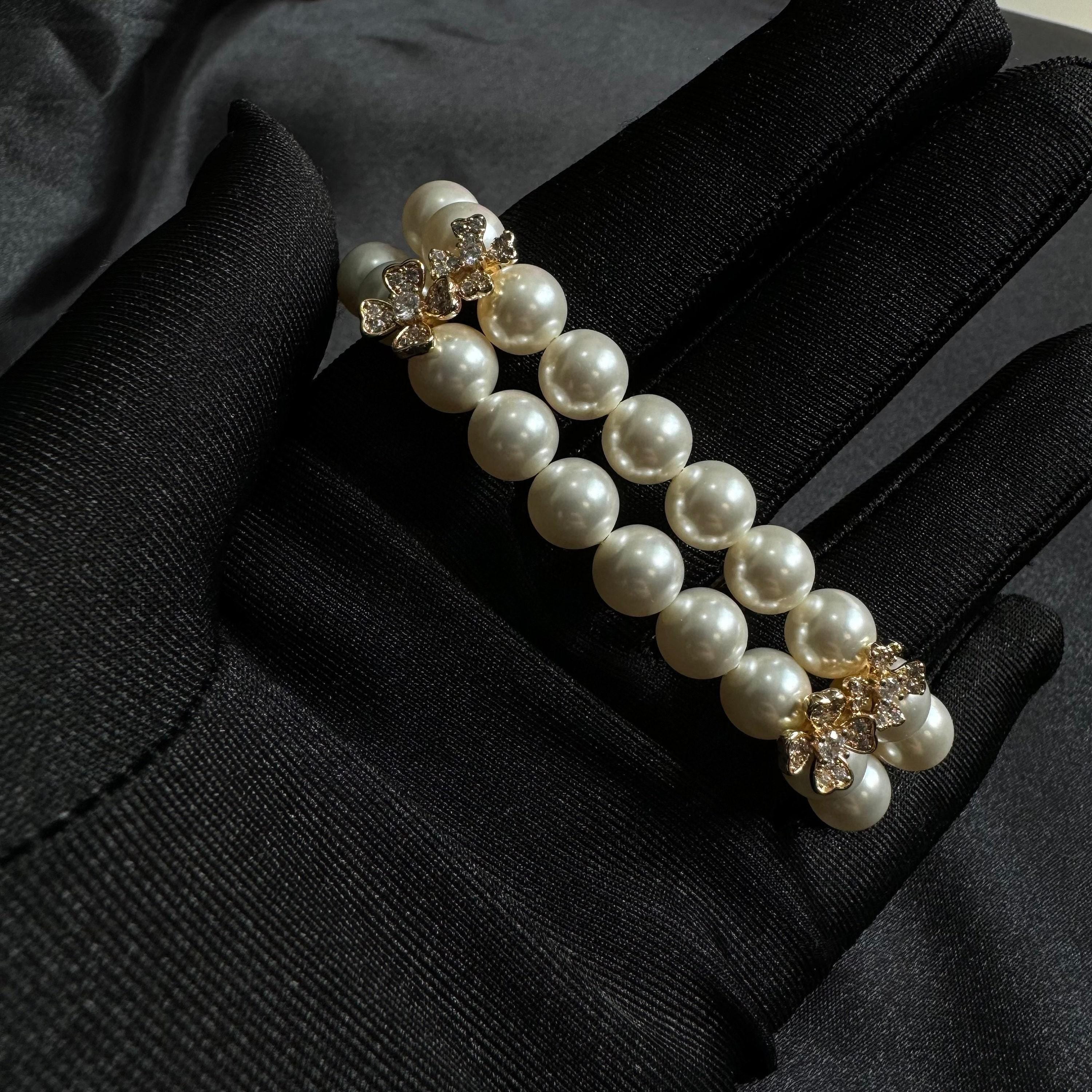 Luxury Pearl Bracelet Wedding Jewelry Collection Crystal Design Elegant Bridal Accessory Two Layer Style Rhinestone Flower Detail Gold Formal Piece Perfect Wedding Gift Beautiful Keepsake Special Occasion Essential Multiple Size Options