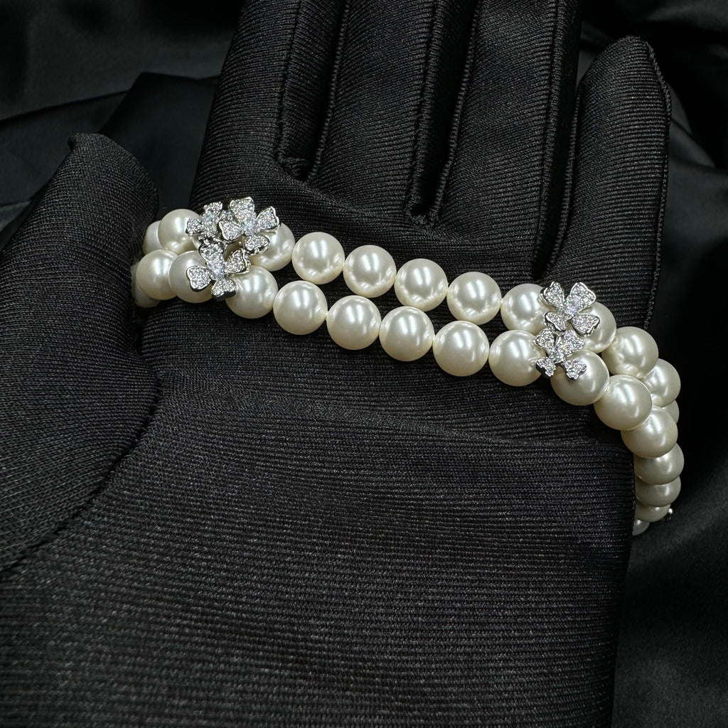 Two Layer Pearl Bracelet Wedding Jewelry Design Crystal Elegance Bridal Accessory Rhinestone Flower Detail Gold Plated Formal Luxury Piece Perfect Wedding Day Essential Beautiful Sophisticated Style Multiple Size Options Custom Length