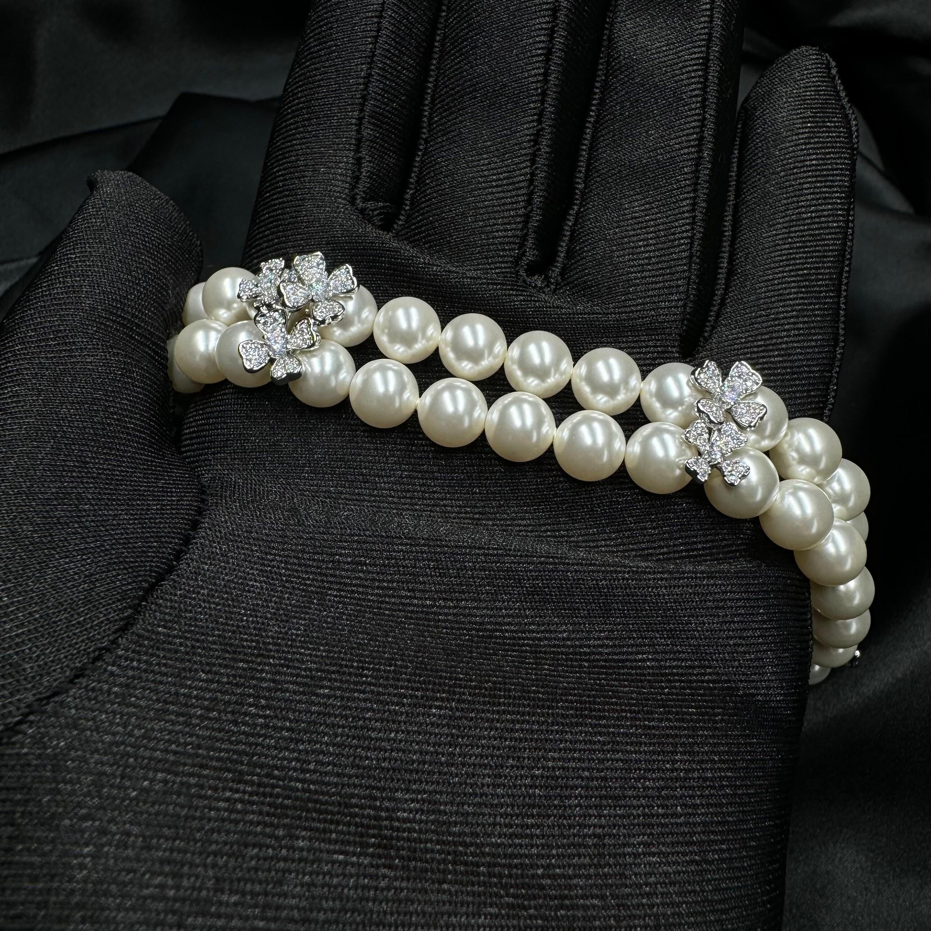 Two Layer Pearl Bracelet Wedding Jewelry Design Crystal Elegance Bridal Accessory Rhinestone Flower Detail Gold Plated Formal Luxury Piece Perfect Wedding Day Essential Beautiful Sophisticated Style Multiple Size Options Custom Length