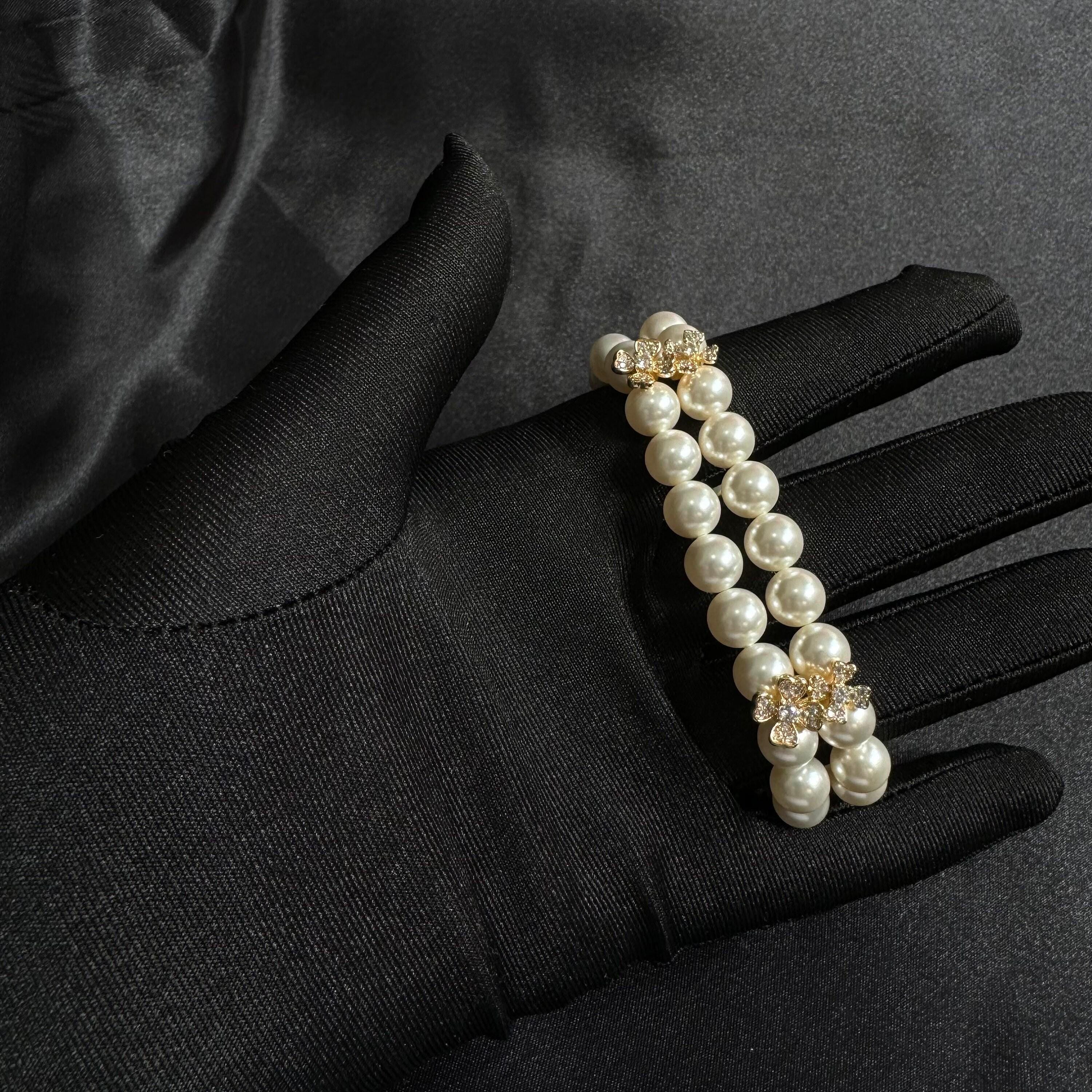 Crystal Pearl Bracelet Wedding Jewelry Elegant Design Bridal Accessory Two Layer Style Rhinestone Flower Detail Gold Formal Piece Luxury Appearance Perfect Special Occasion Gift Beautiful Sophisticated Look Multiple Size Options Custom