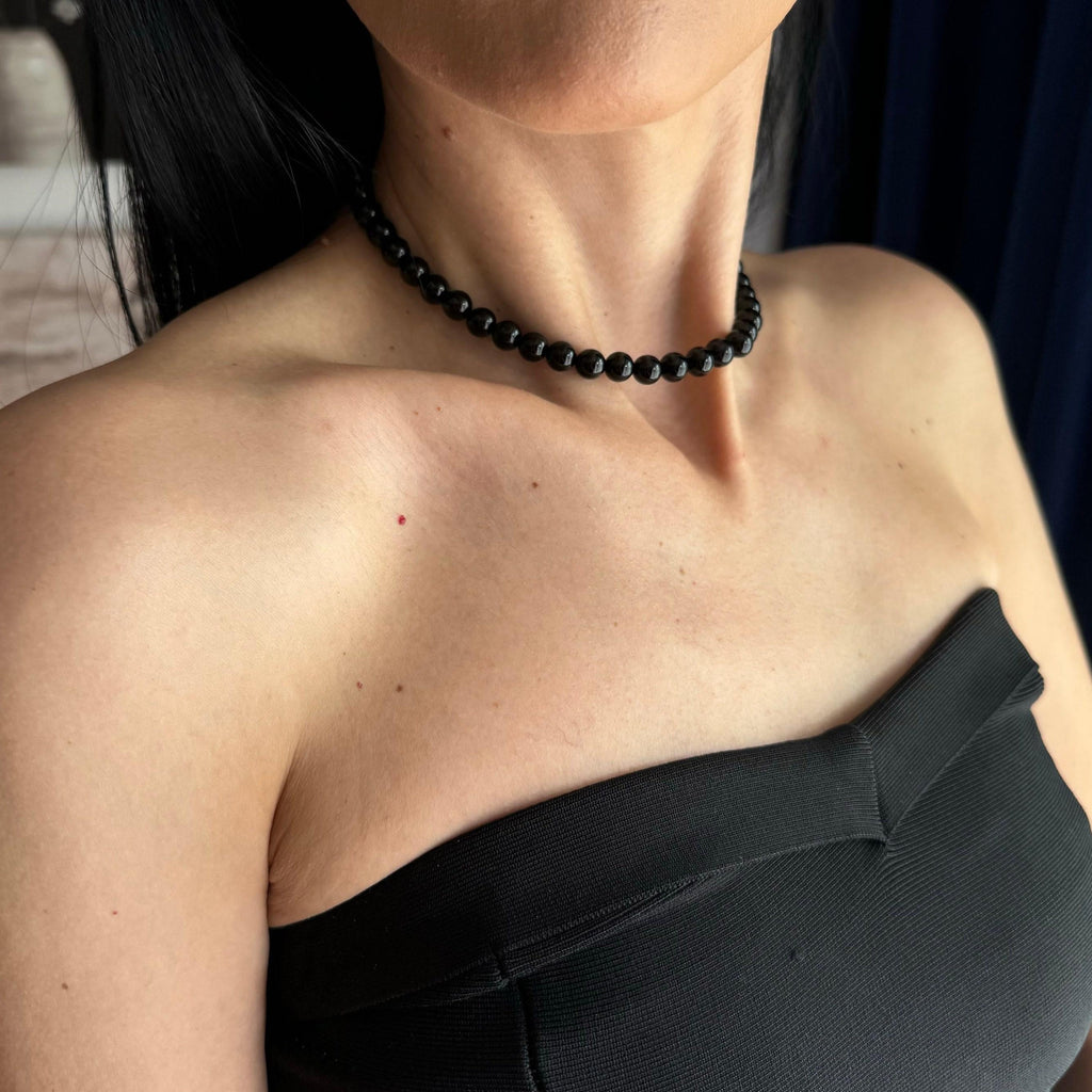 Elegant Black Pearls Choker Necklace Wedding Accessory Formal Attire Jewelry Statement Piece Special Occasion Necklace Classic Design Glossy Beads Luxury Appearance Gold Platinum Clasp Options Available Various Lengths Sophisticated Style