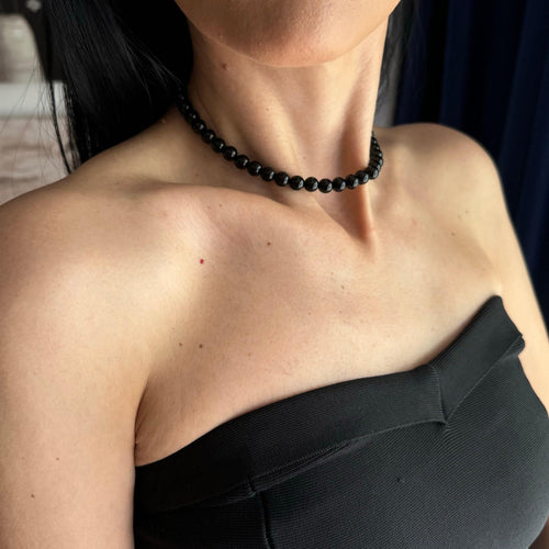 Elegant Black Pearls Choker Necklace Wedding Accessory Formal Attire Jewelry Statement Piece Special Occasion Necklace Classic Design Glossy Beads Luxury Appearance Gold Platinum Clasp Options Available Various Lengths Sophisticated Style