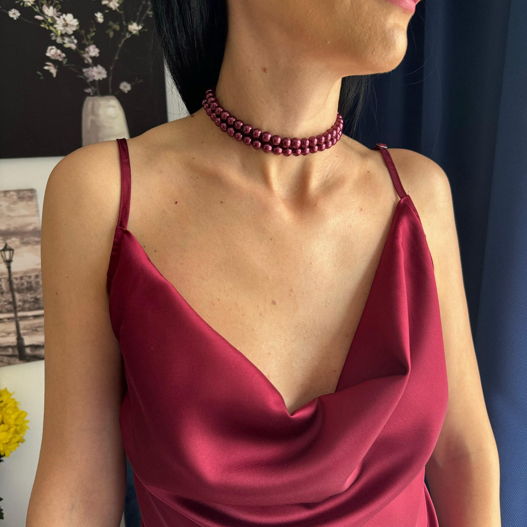 Elegant Pearl Choker Wine Burgundy Color Two Strand Design Statement Necklace Formal Wear Accessory Wedding Guest Essential Evening Gown Complement Sophisticated Jewelry Piece Layered Beaded Style Special Occasion Collection Versatile