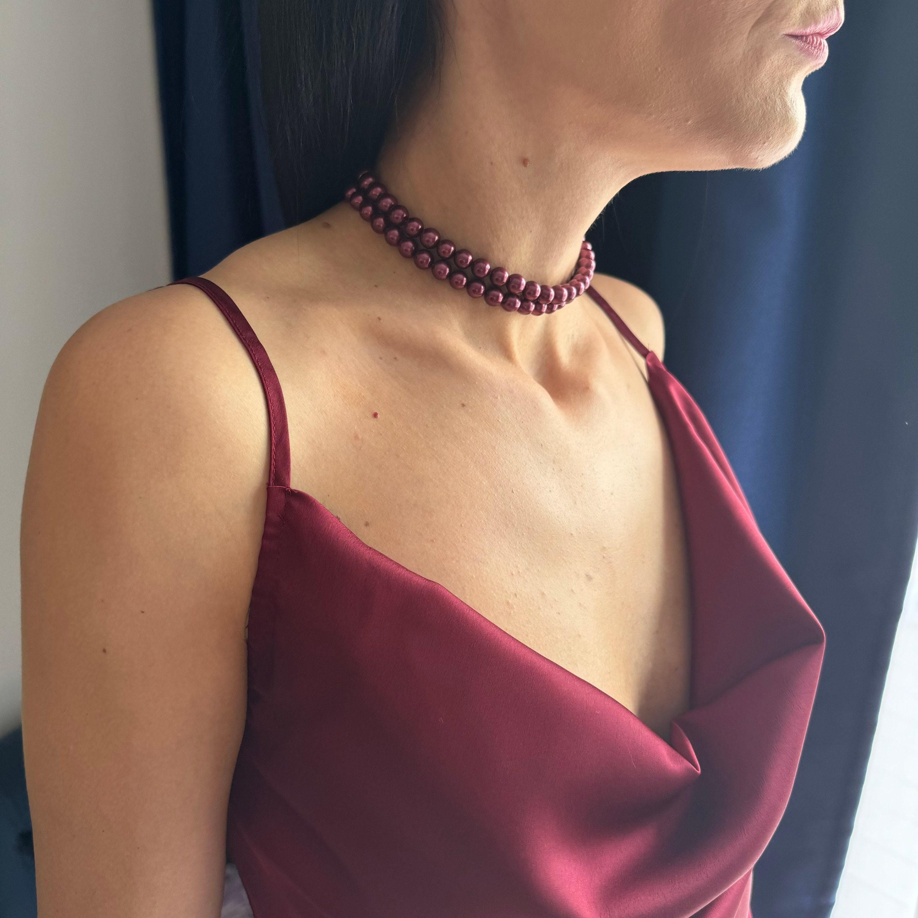 Bridesmaid Gift Jewelry Wine Pearl Necklace Burgundy Beaded Choker Wedding Party Accessory Two Layer Design Statement Piece Special Occasion Essential Formal Wear Collection Elegant Style Creator Sophisticated Look Maker Evening Event