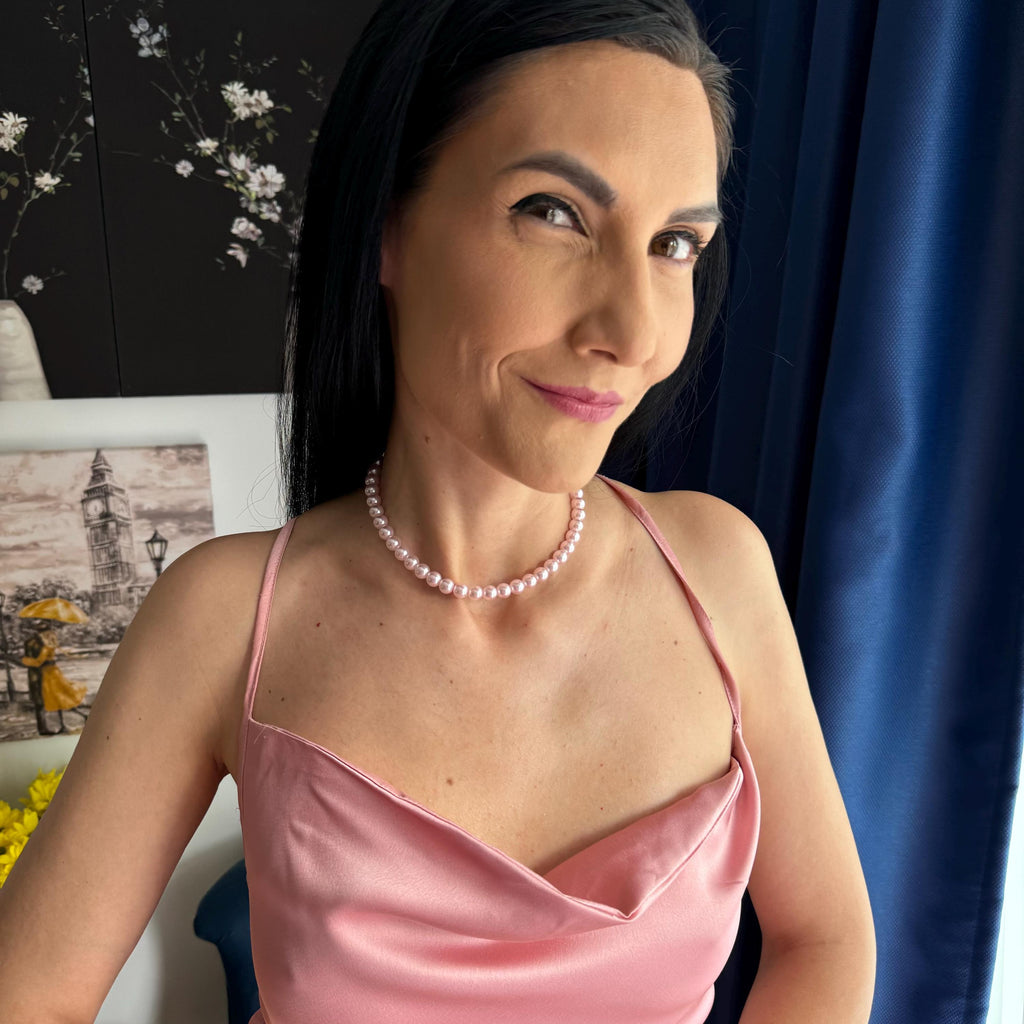 Crystal Pearl Choker Elegant Pink Necklace Wedding Jewelry Collection Bridal Accessory Essential Premium Quality Construction Gold Clasp Design Comfortable Wear Experience Glossy Bead Detail Formal Event Necessity Special Occasion Piece