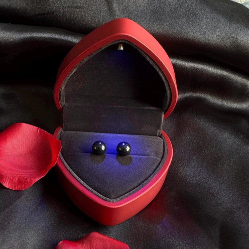 Black Pearl Earrings Heart Shaped Box LED Light Display Swarovski Crystal Pearls Sterling Silver Plated Elegant Stud Design Perfect Birthday Present Valentine Gift Special Occasion Jewelry Timeless Classic Look Luxury Presentation Ready To