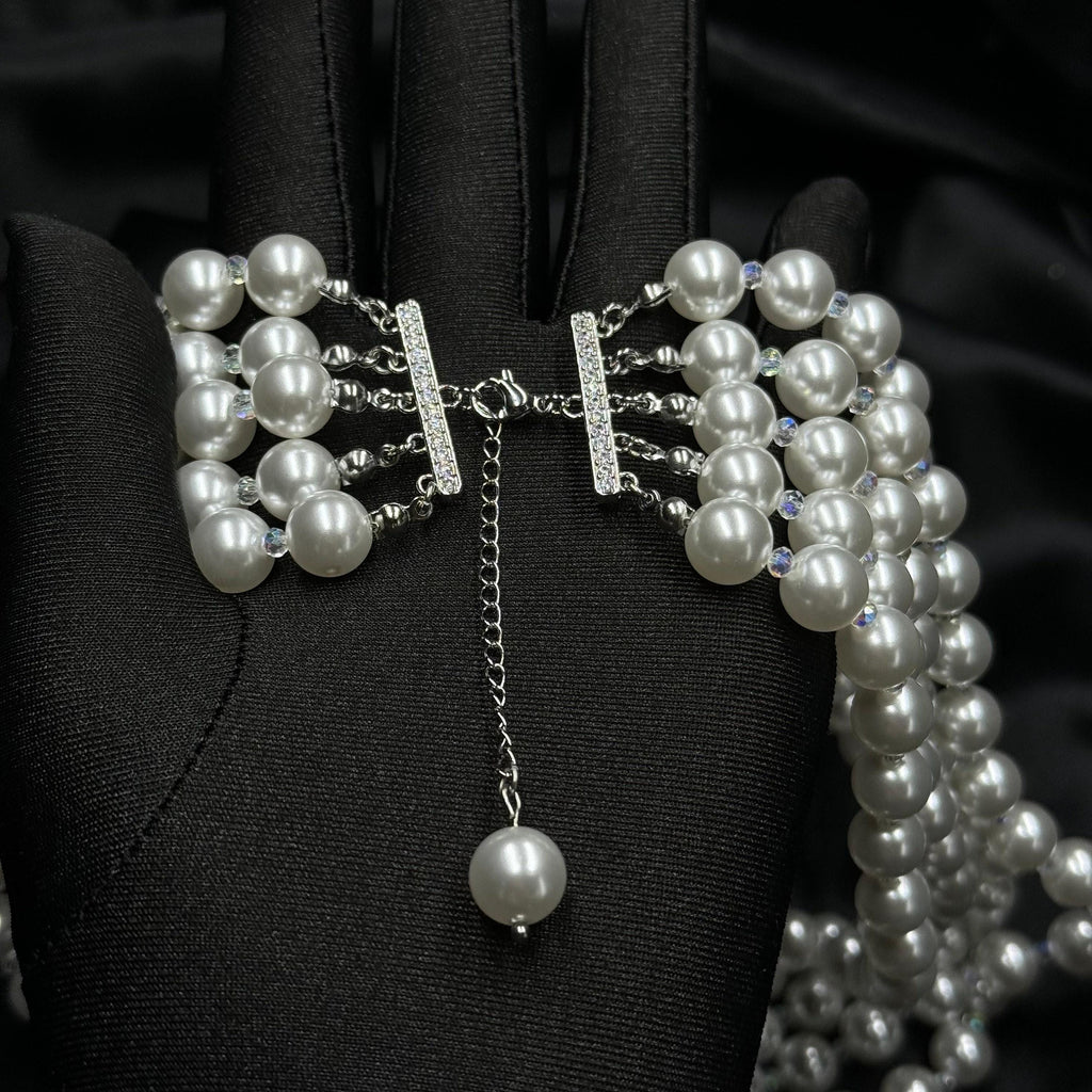 Statement Pearl Necklace Multi Strand Gatsby Design Vintage Art Deco Jewelry Collection Formal Wedding Accessory Five Strand White Pearl Luxury Bridal Necklace Elegant Costume Jewelry Special Occasion Wear Classic Vintage Style