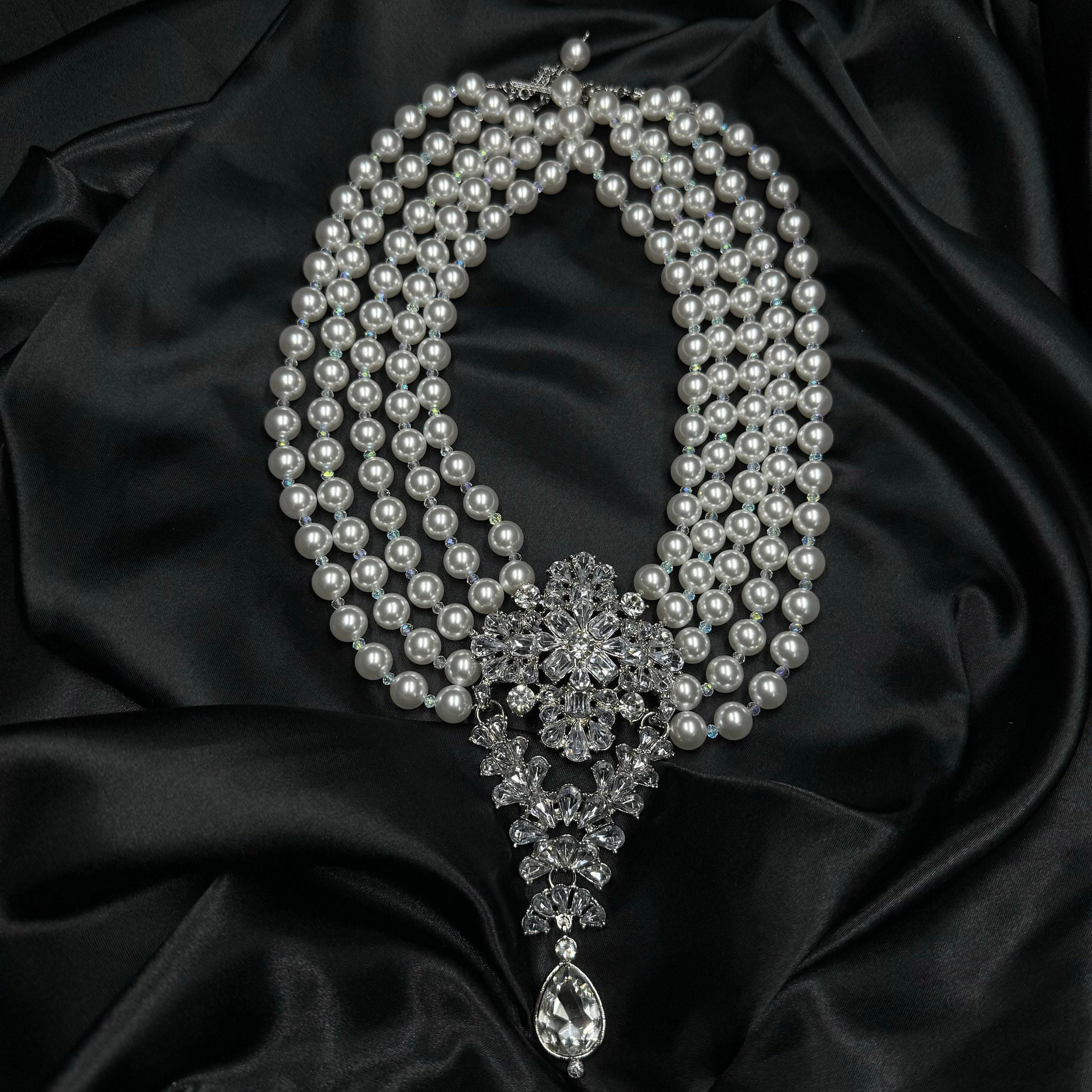 Statement Pearl Necklace Back Drop Jewelry Accessory Formal Wear Gatsby Inspired Art Deco 1920 Luxury Piece Multi Strand Breakfast at Tiffan