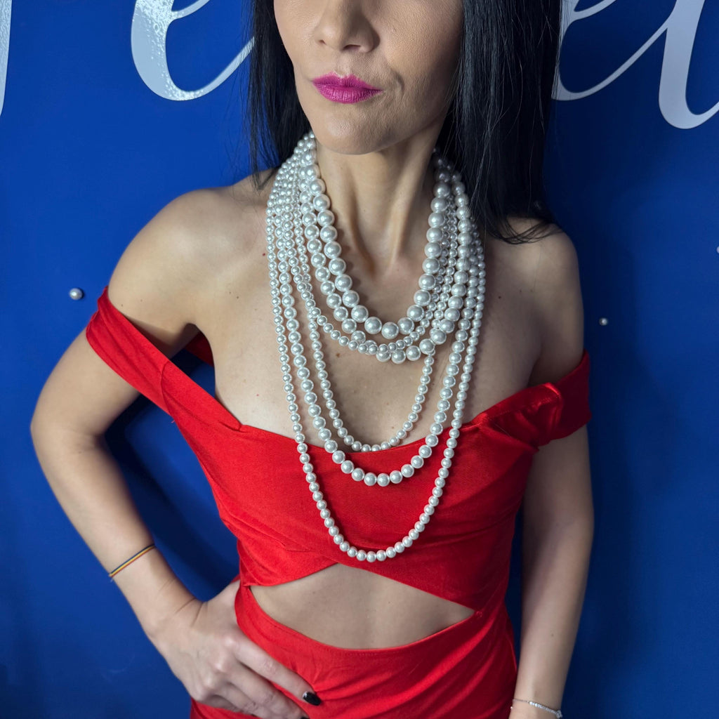 Chunky Pearl Necklace Wedding Accessory Bridal Jewelry Collection Oversized Pearls Cascade Design Multilayer Statement Piece Six Strands Elegant Style Classic Look Formal Event Special Occasion Timeless Fashion Gold Silver Clasp Luxurious