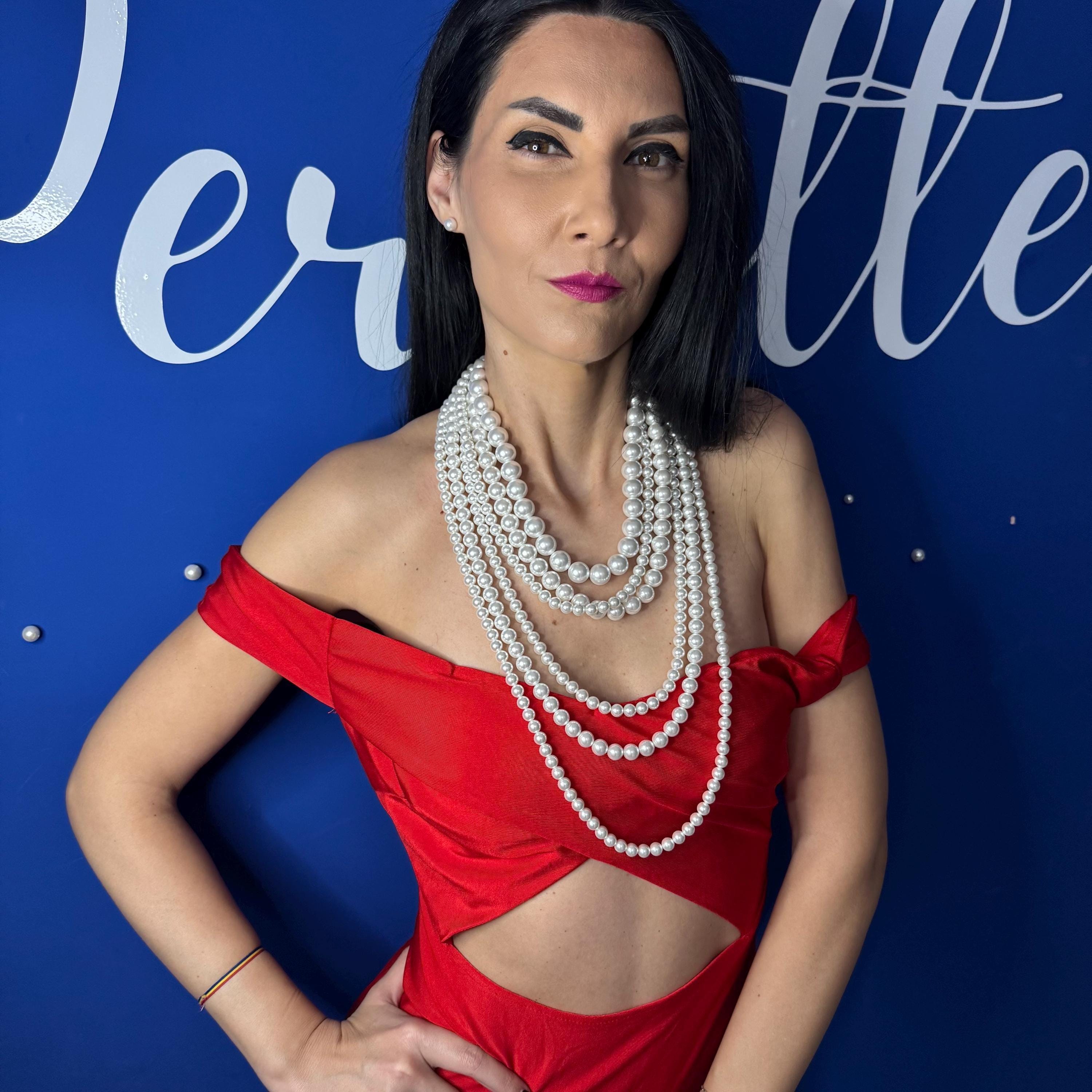 Multilayer Pearl Necklace Chunky Oversized Beads Cascade Design Statement Piece Versatile Accessory Wedding Day Jewelry Evening Wear Office Appropriate Classic Look Elegant Style Timeless Fashion Gold Silver Clasp Six Strands Collection