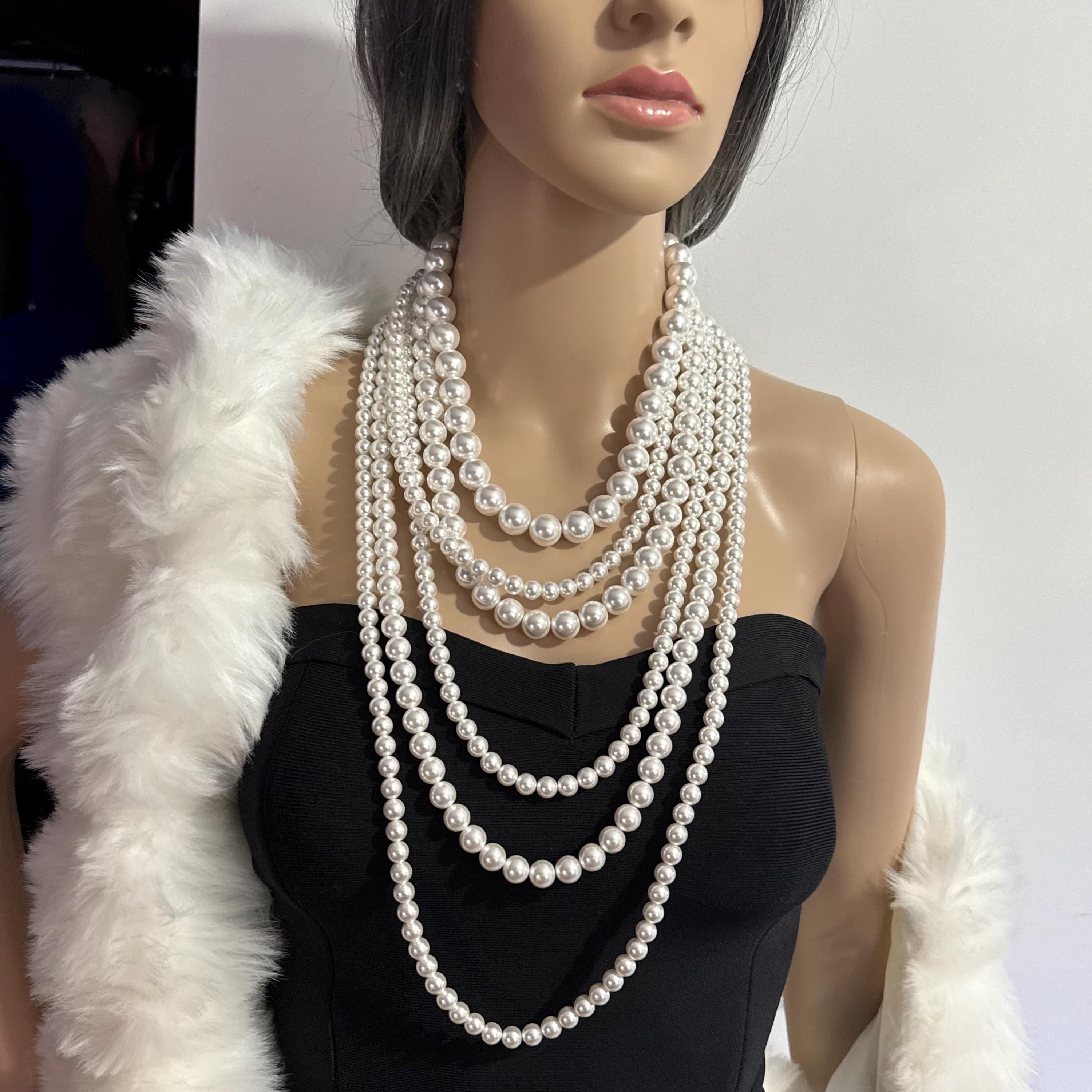 Chunky Pearl Necklace Cascade Design Statement Piece Costume Jewellery Multi Layer Oversized Accessory 1920 Party Elegant Style Classic Look