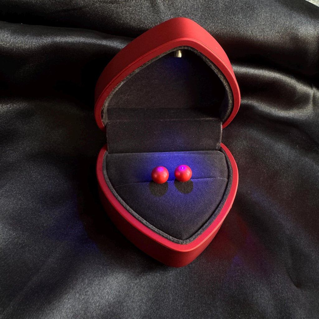 Sterling Silver Studs Red Crystal Pearls Premium Quality Earrings Light Up Heart Box Elegant Jewelry Design Classic Pearl Accessories Perfect Gift Presentation Beautiful Romantic Package Special Occasion Jewelry Timeless Fashion Piece