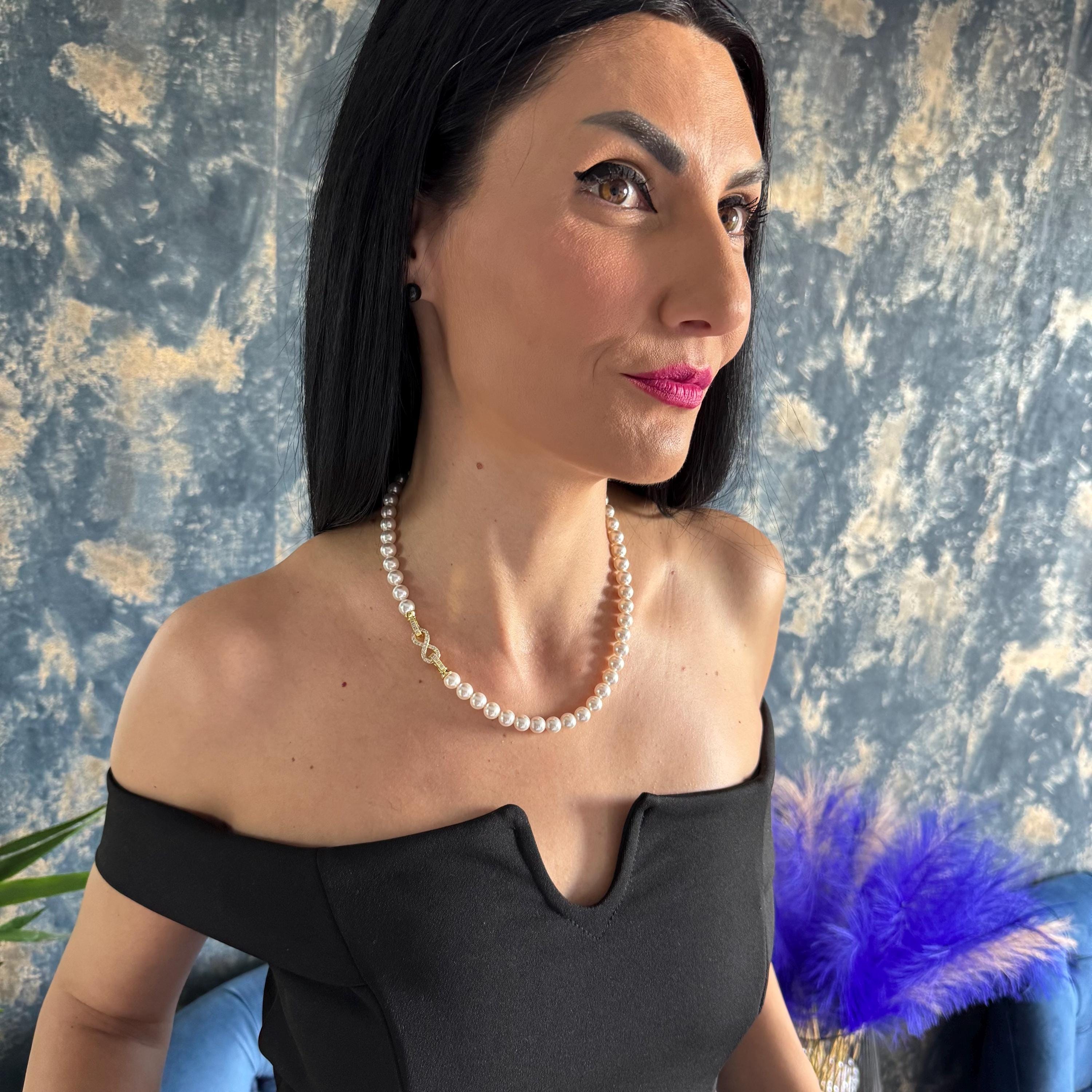 Pearl Choker Necklace Bridal Jewelry Wedding Accessory Infinity Symbol Elegant Collar Classic Ivory Pearls White Custom Length High Quality