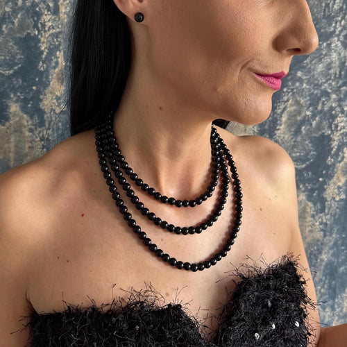 Black Pearl Necklace Statement Piece Formal Accessory Wedding Collection Elegant Jewelry Layered Design Gothic Aesthetic Crystal Darkness Multi Layer Statement Necklace Matching Earrings Set Special Occasion Jewelry Sophisticated Style
