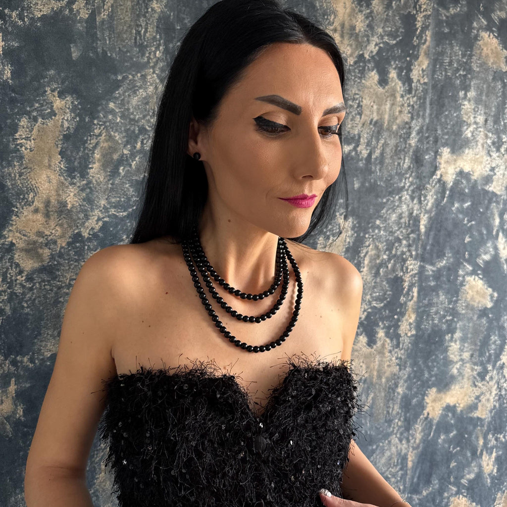 Elegant Jewelry Set Black Pearl Necklace Statement Piece Formal Accessory Sophisticated Design Crystal Darkness Collection Wedding Jewelry Gothic Aesthetic Layered Necklace Matching Earrings Set Special Occasion Wear Timeless Fashion