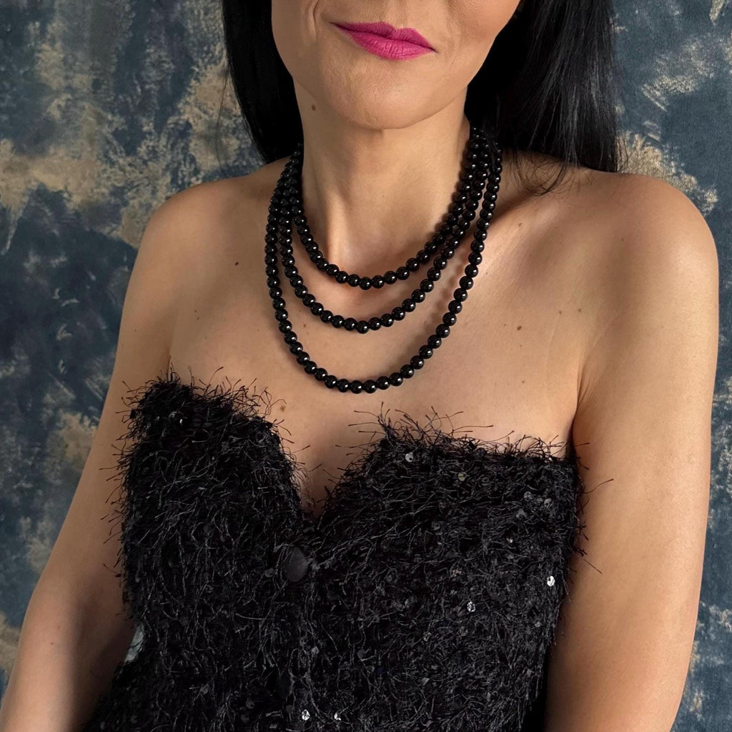 Triple Strand Black Pearl Necklace Set Elegant Costume Jewelry Layered Gothic Matching Stud Earrings Cascade Vintage Style Party Accessory