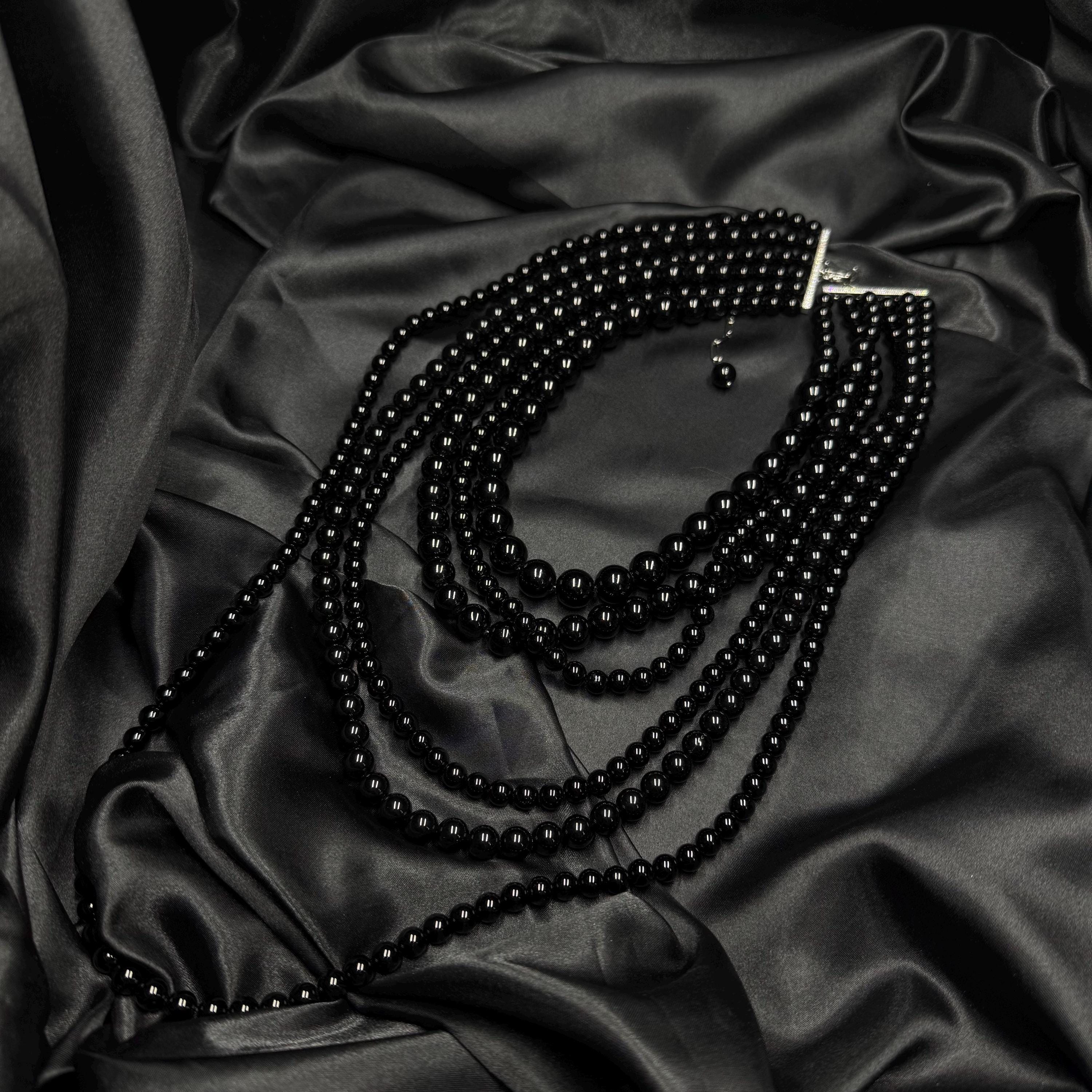 Statement Jewelry Piece Black Agate Necklace Layered Design Concept Chunky Bead Arrangement Cascade Multilayer Structure Gold Clasp Hardware Elegant Costume Jewellery Office Wear Appropriate Evening Event Ready Special Occasion Accessory