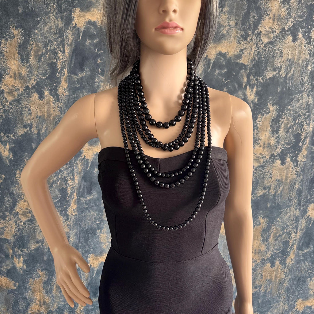 Black Agate Necklace Layered Statement Jewelry Piece Timeless Design Chunky Bead Cascade Multilayer Gold Clasp Elegant Costume Jewellery
