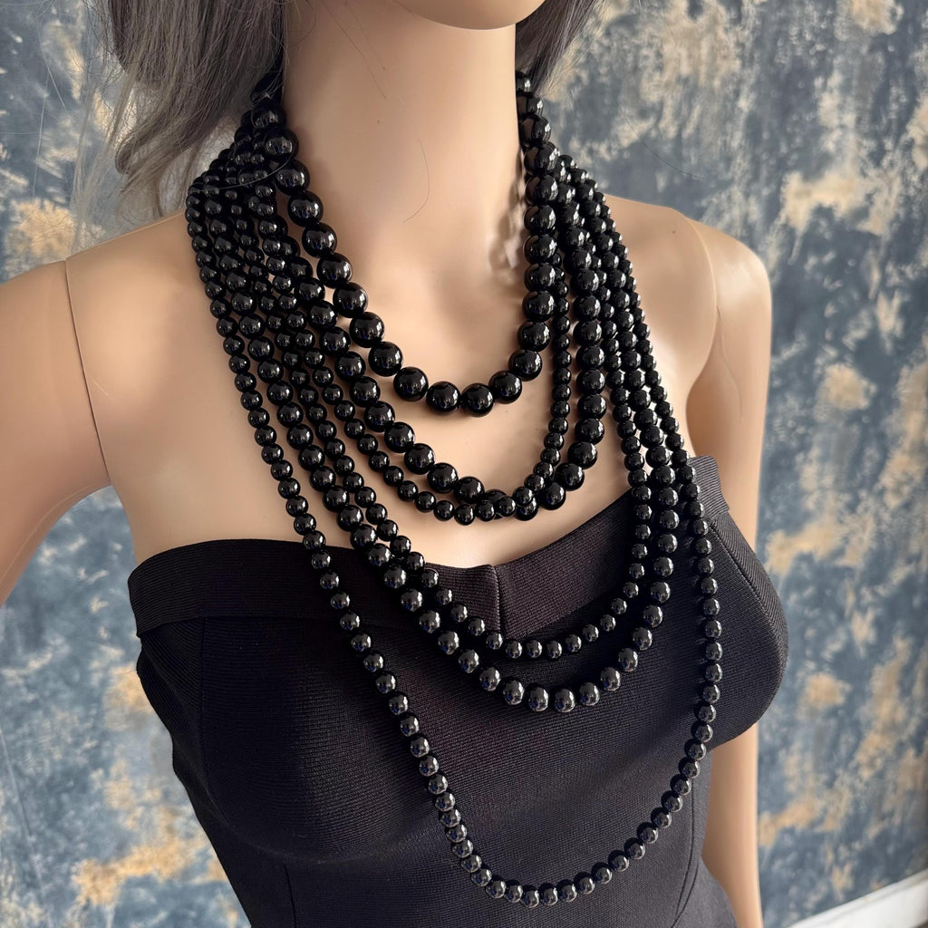 Black Agate Necklace Layered Statement Jewelry Piece Timeless Design Chunky Bead Cascade Multilayer Gold Clasp Elegant Costume Jewellery