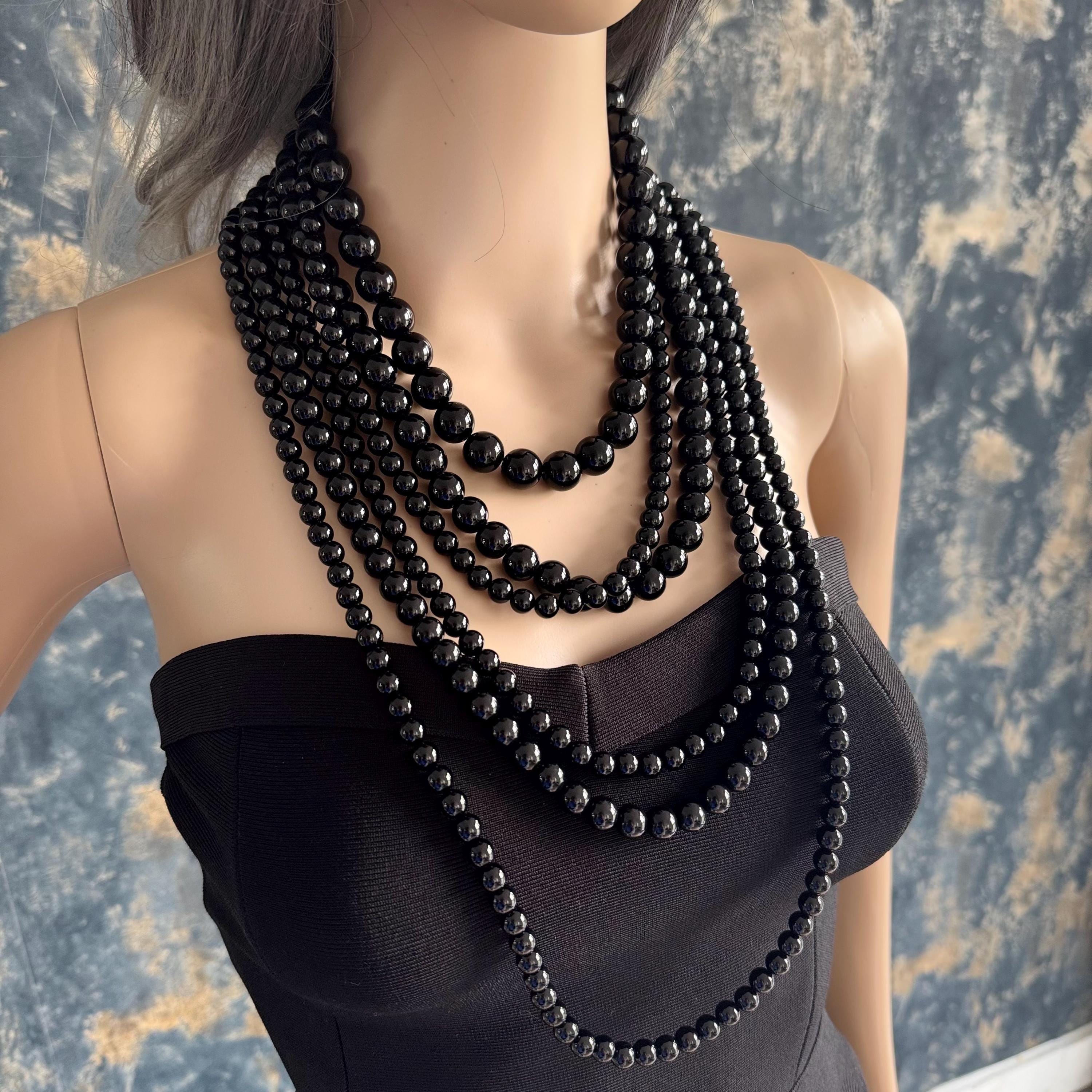 Black Agate Necklace Layered Statement Jewelry Piece Timeless Design Chunky Bead Cascade Multilayer Gold Clasp Elegant Costume Jewellery