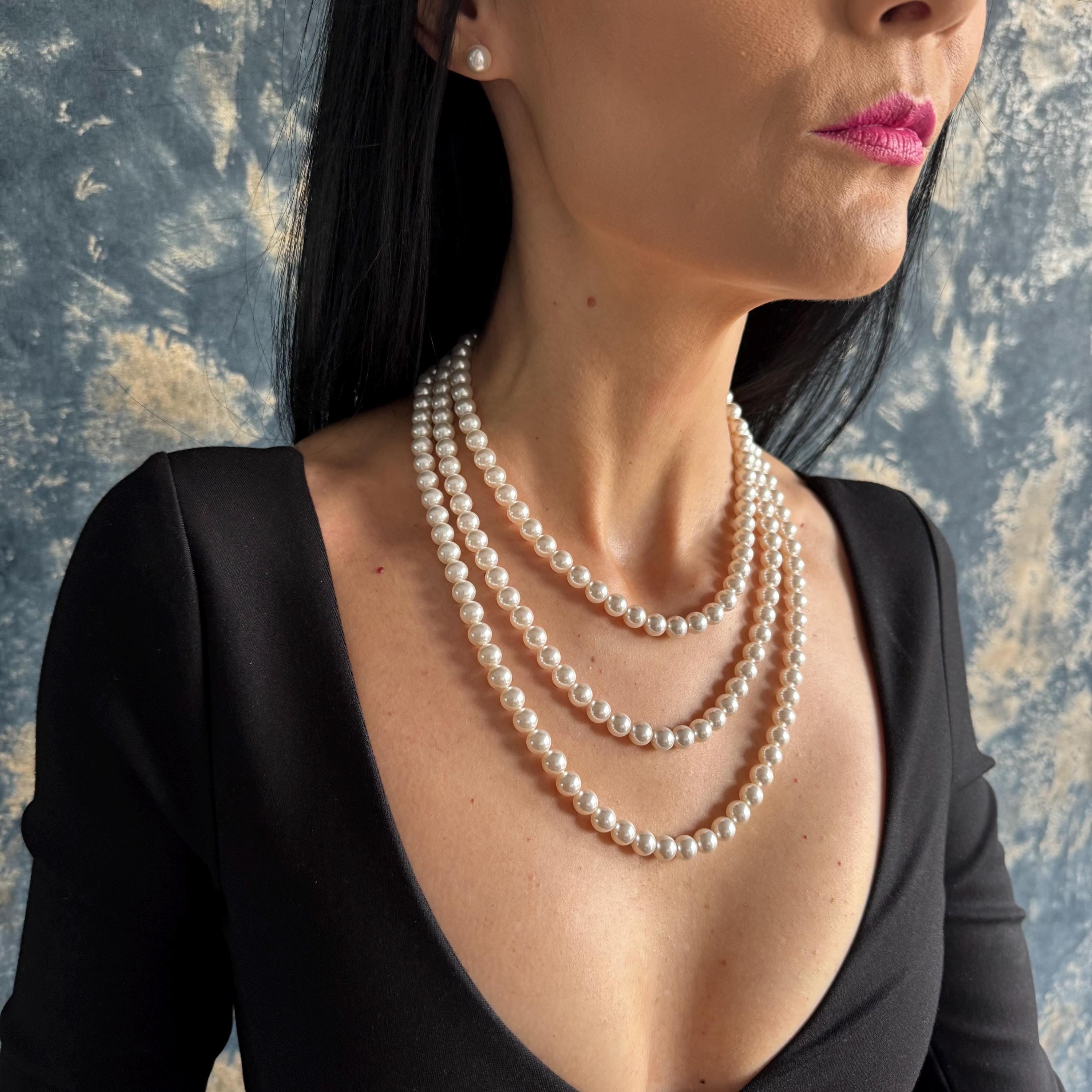 Classic Pearl Jewelry Set Layered Necklace Design Cascade Style Earrings Elegant Formal Wear Wedding Guest Accessory Multi Strand Gold Collection Vintage 1920 Inspired Look Glamorous Event Piece Special Occasion Jewelry Perfect Gift Idea