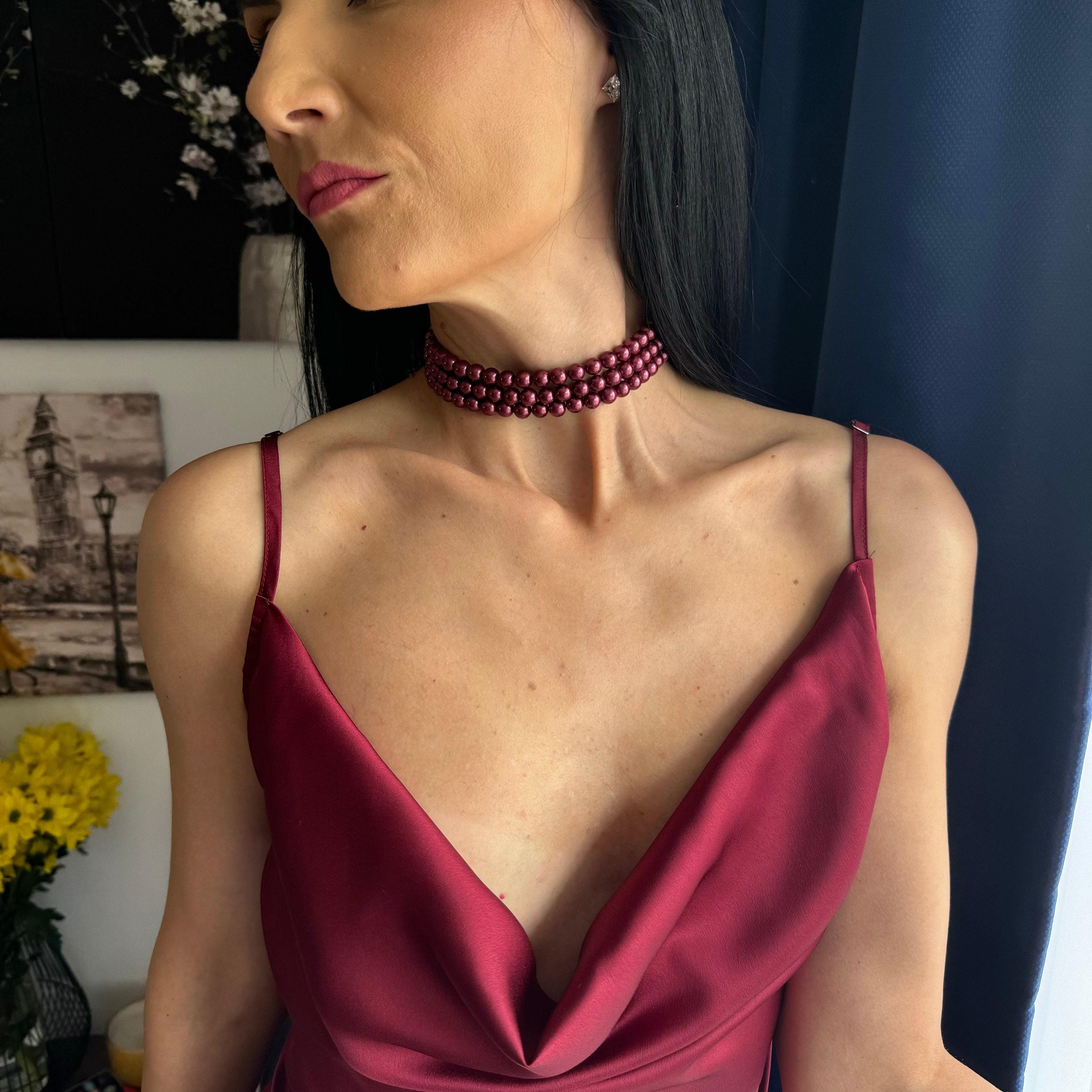 Wine Pearl Choker Necklace Statement Wedding Accessory Burgundy Shell Pearls Multi Layer Design Bridal Jewelry Collection Elegant Neck Piece Formal Event Essential Bridesmaid Gift Idea Classic Style Three Strand Construction Gold Clasp