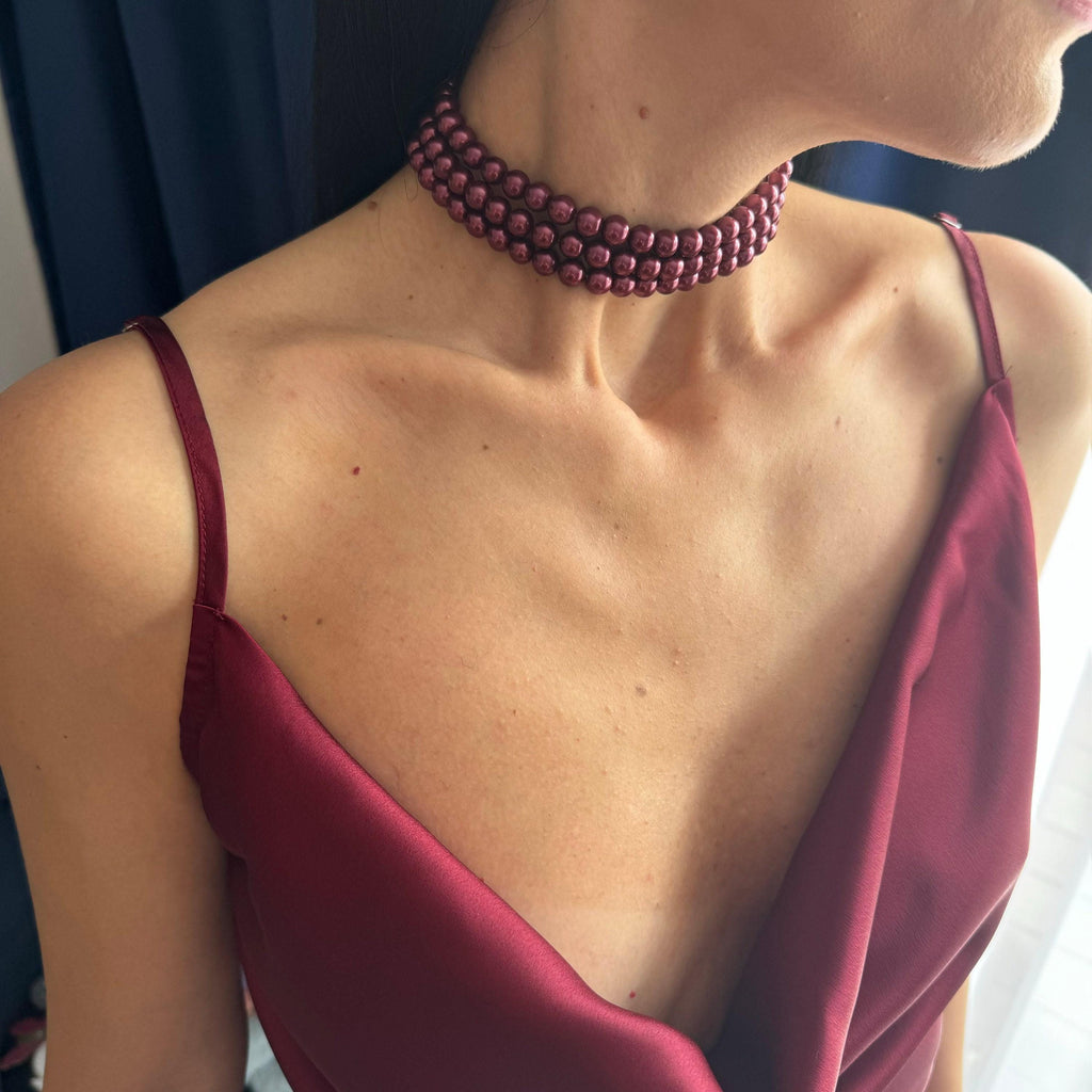Burgundy Pearl Necklace Multi Strand Design Wine Red Statement Choker Wedding Jewelry Essential Classic Neck Piece Elegant Shell Pearls Premium Quality Construction Three Layer Style Formal Accessory Gold Clasp Finish Custom Length