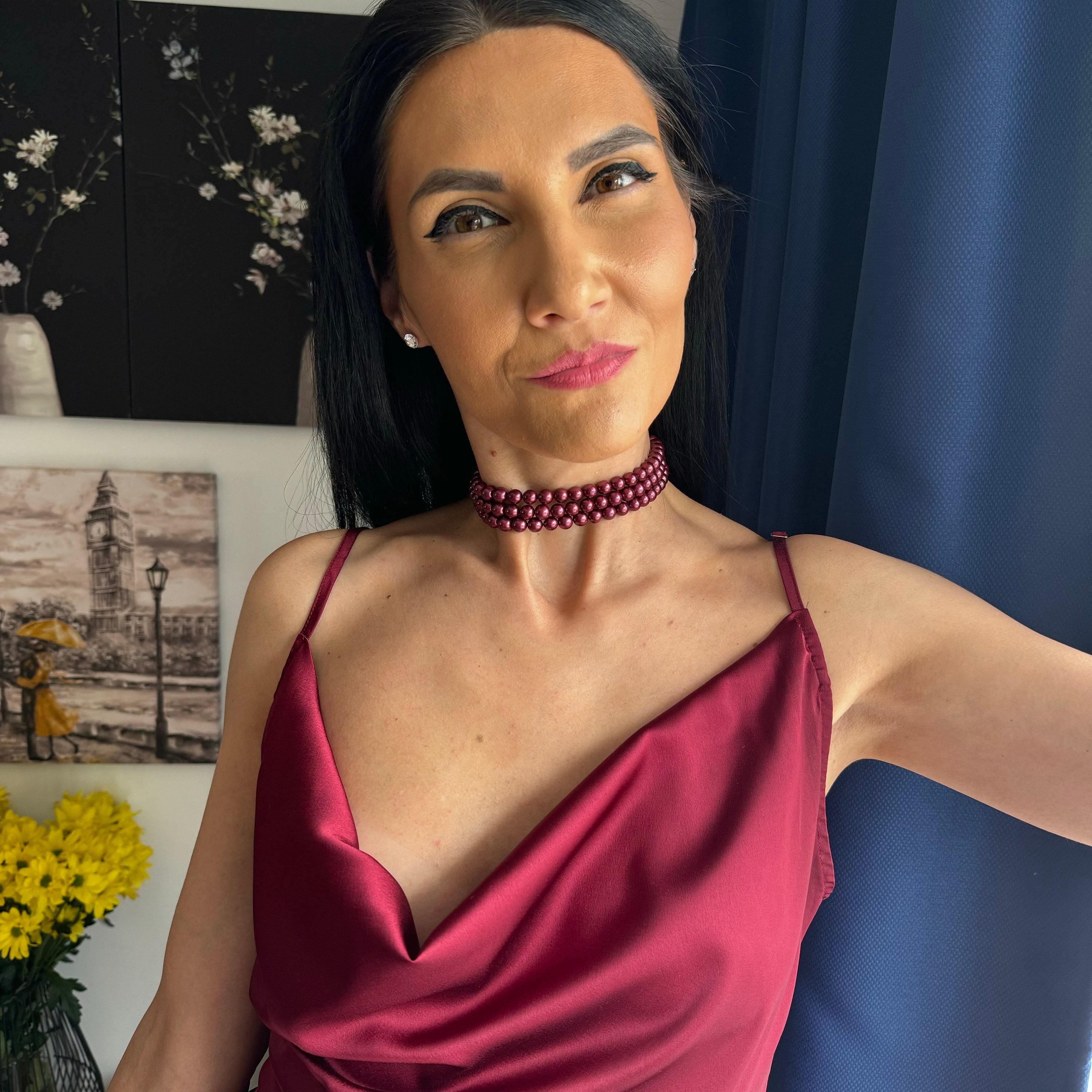 Elegant Wine Pearls Three Layer Choker Statement Necklace Design Classic Burgundy Neck Jewelry Versatile Everyday Style Formal Event Essential Wedding Accessory Collection Premium Shell Pearls Gold Clasp Finish Sophisticated Multi Strand