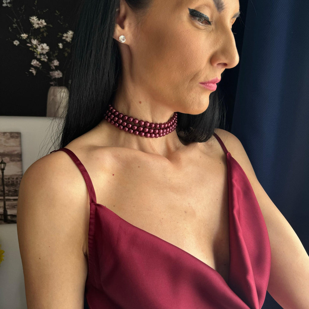Multi Strand Pearl Choker Wine Red Necklace Bridesmaid Gift Collection Wedding Accessory Idea Burgundy Shell Pearls Elegant Design Statement Piece Classic Style Formal Jewelry Essential Three Layer Construction Gold Clasp Detail Custom Size