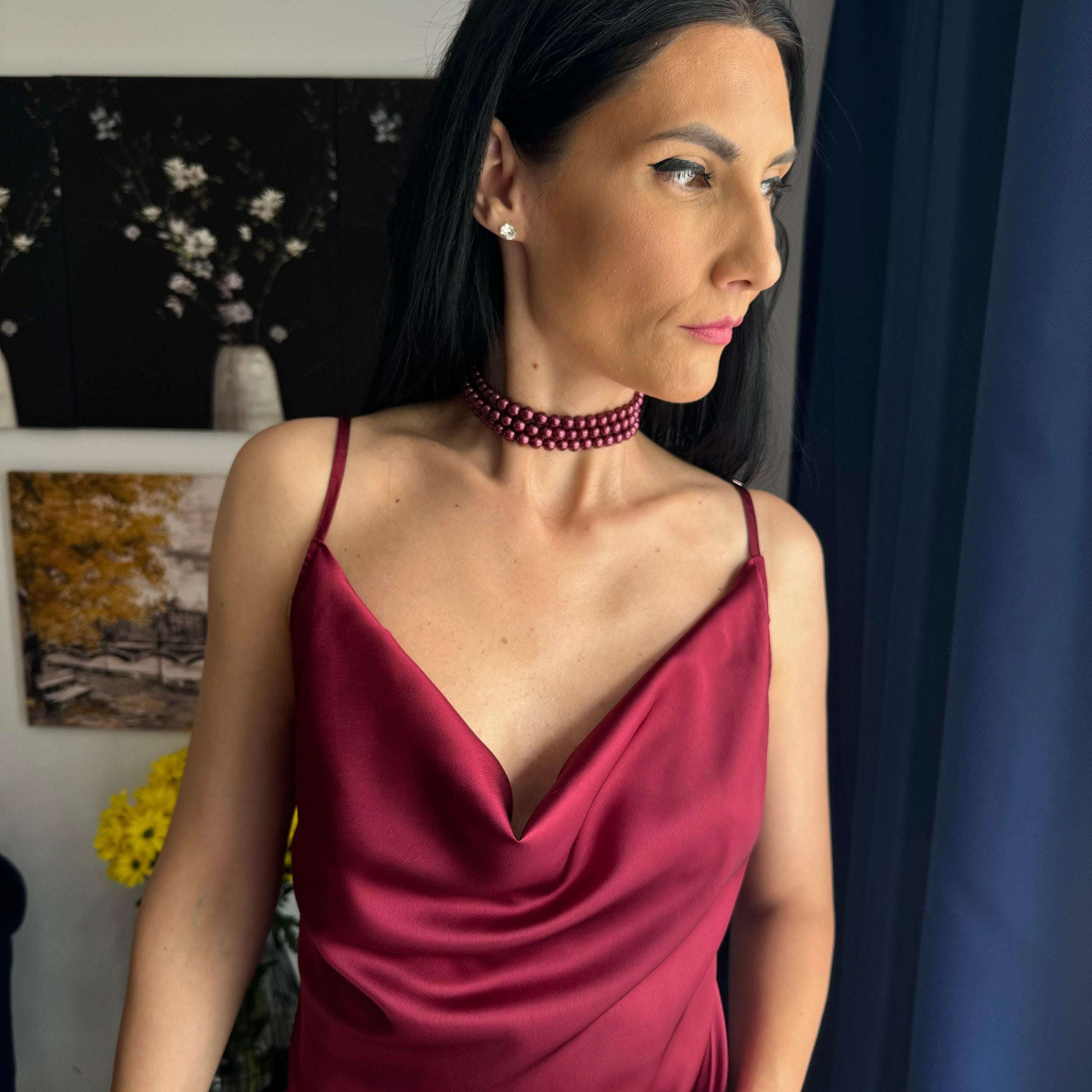 Classic Burgundy Necklace Wine Pearl Choker Formal Event Jewelry Statement Piece Design Elegant Multi Strand Construction Three Layer Style Wedding Accessory Collection Premium Shell Pearls Gold Clasp Detail Sophisticated Evening Look