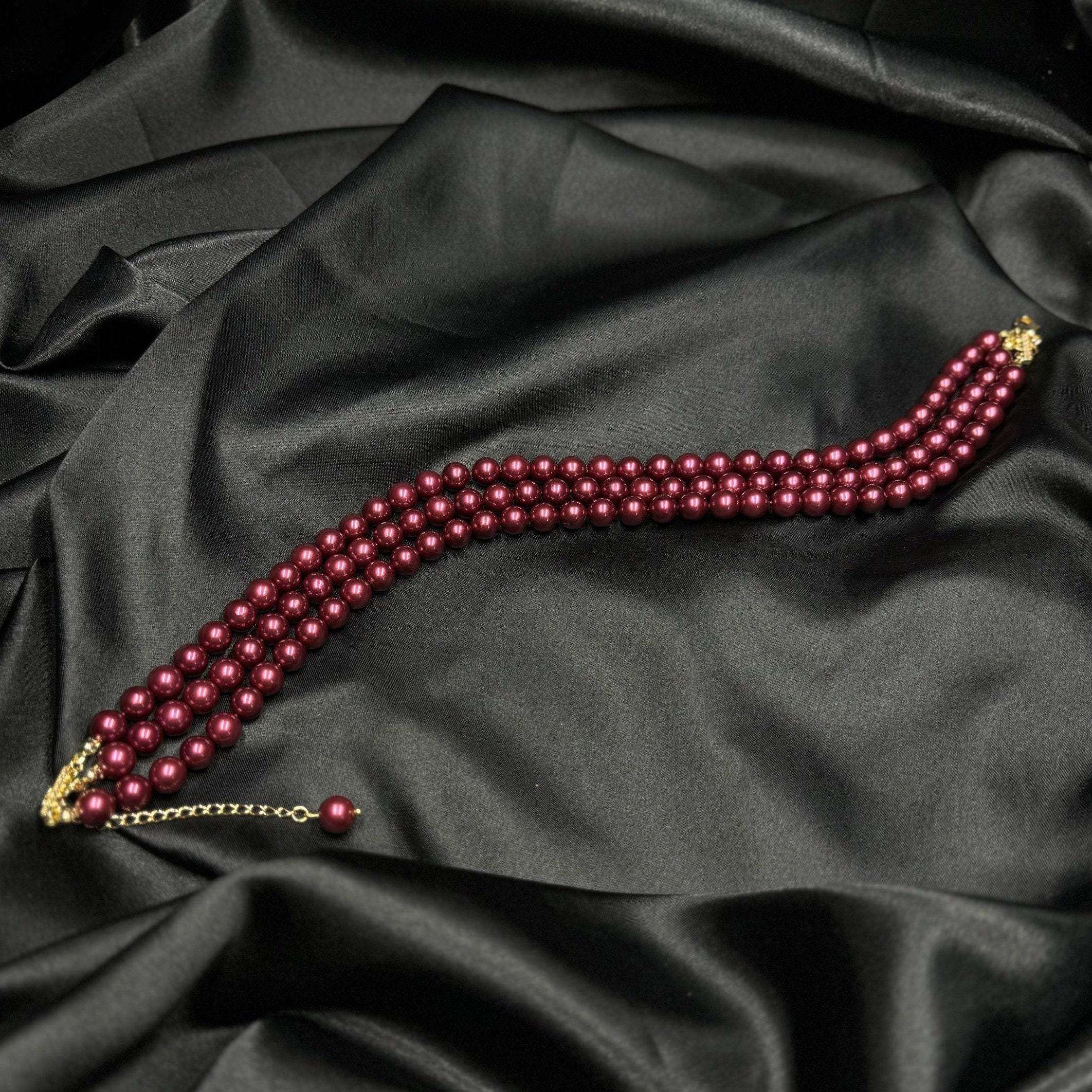 Wine Pearl Choker Necklace Statement Classic Burgundy Neck Vintage Style Festive Jewelry Accessory Formal Piece Multi Layer Bridesmaid Gift