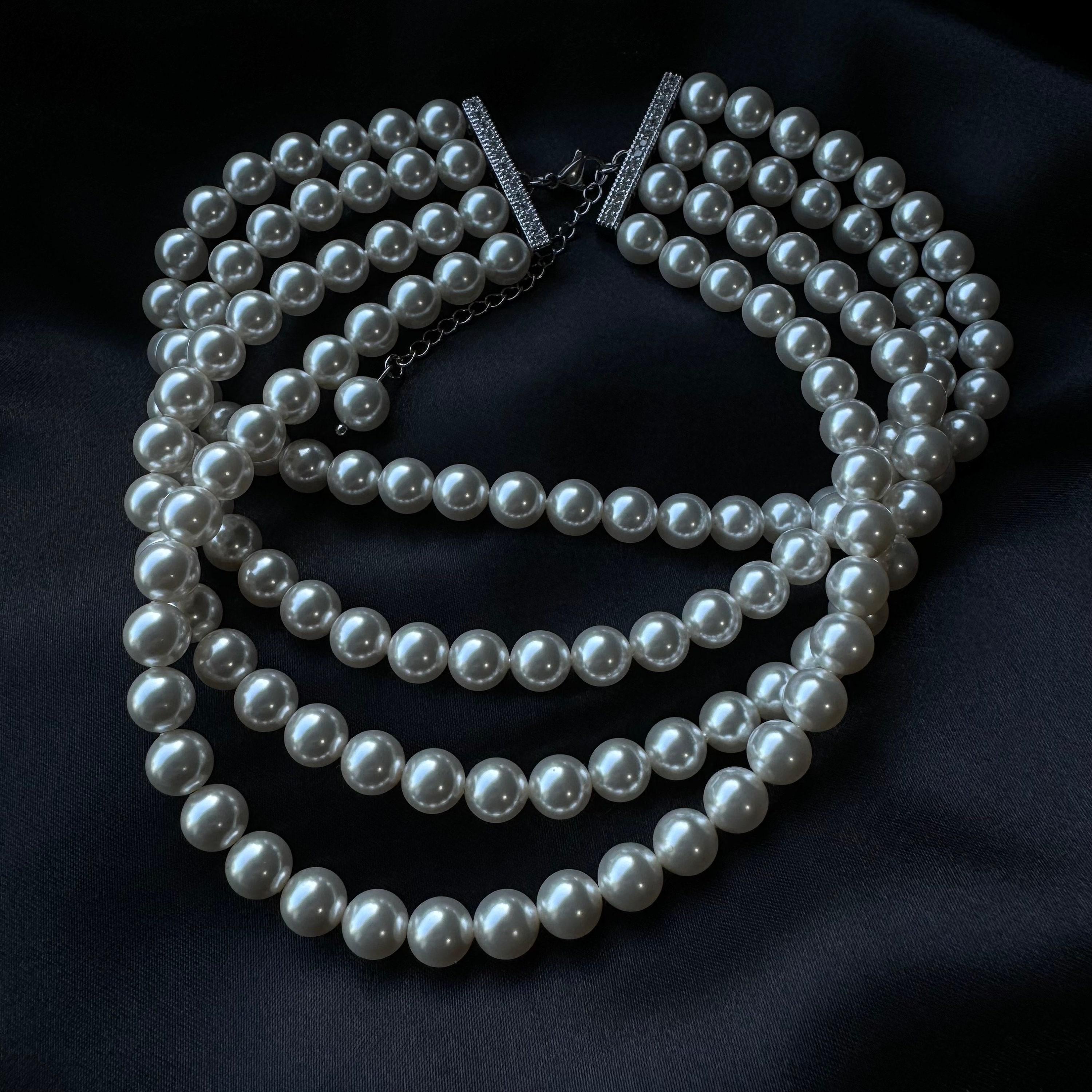 Layered Pearl Choker Necklace Wedding Jewelry Elegant Pearls 4 Multi Strand Statement Piece Bridal Accessory White Ivory Formal Chunky