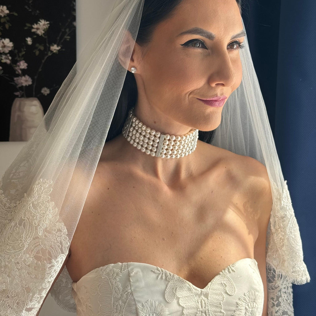 Five Strand Pearl Design Statement Necklace Crystal Pearls Gold Spacers Chunky Style Layered Choker Necklace Wedding Accessory Formal Event Jewelry Bridal Collection Piece Elegant Design Adjustable Length Premium Quality Construction