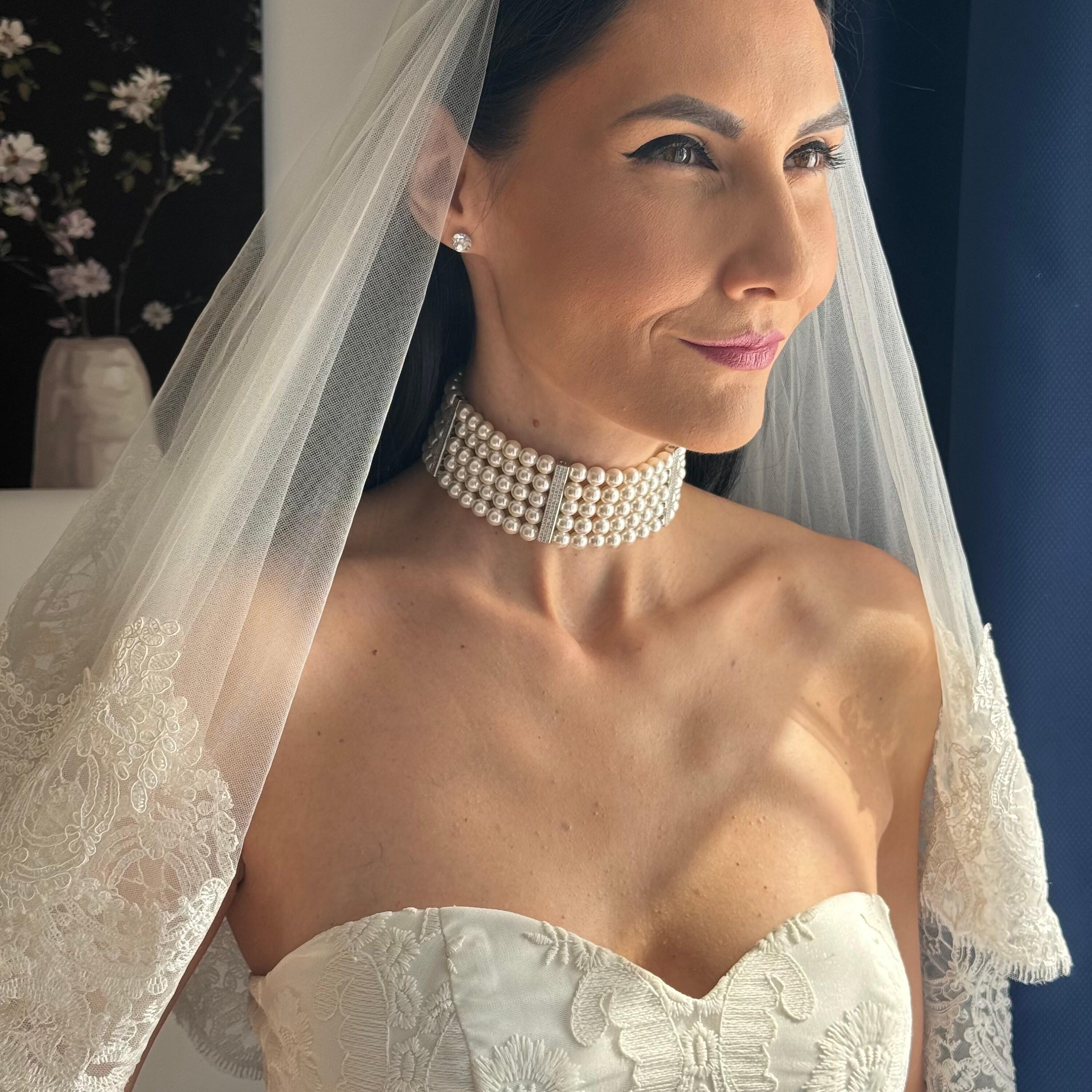 Five Strand Pearl Design Statement Necklace Crystal Pearls Gold Spacers Chunky Style Layered Choker Necklace Wedding Accessory Formal Event Jewelry Bridal Collection Piece Elegant Design Adjustable Length Premium Quality Construction