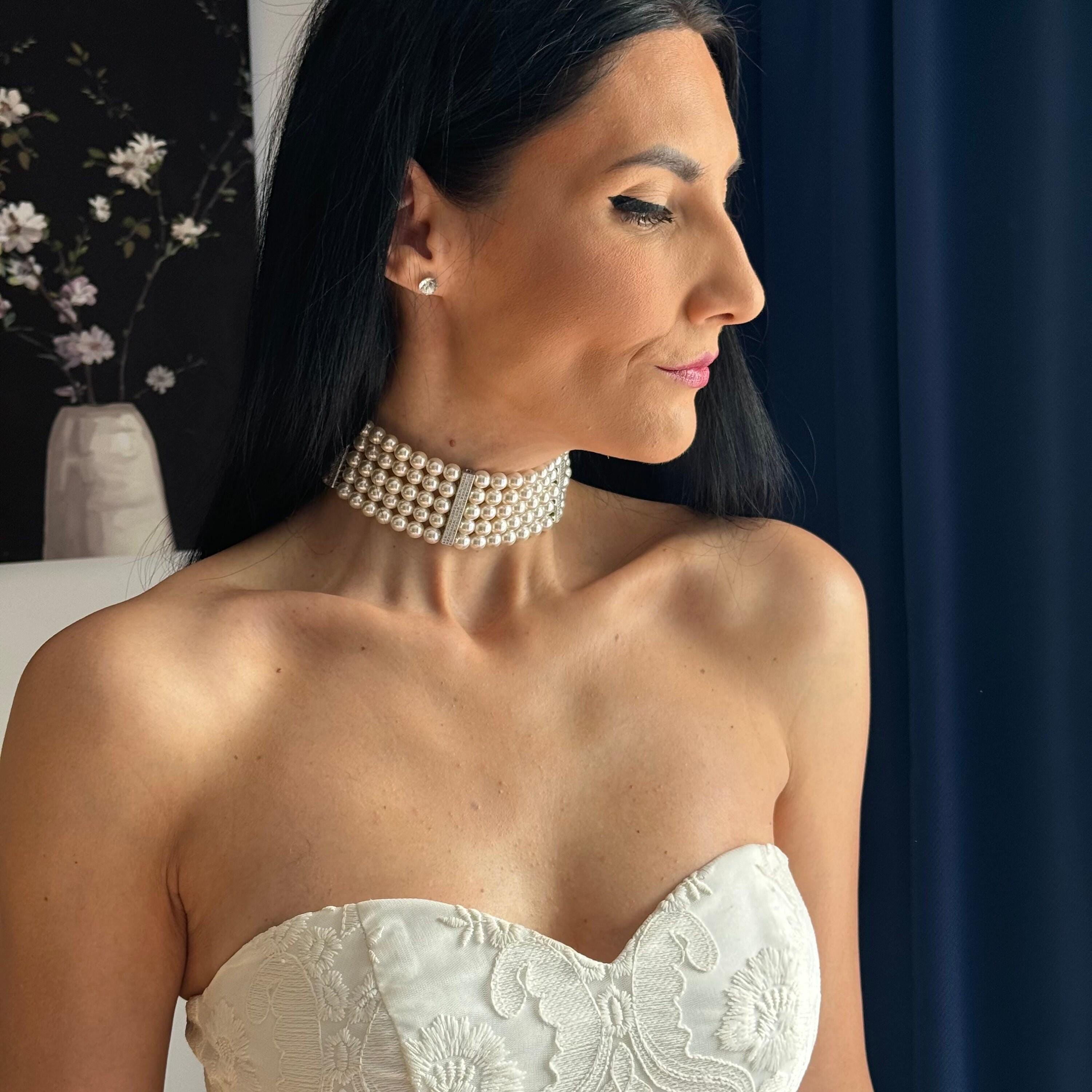 Layered Choker Design Five Strand Pearl Necklace Statement Jewelry Collection Wedding Accessory Bridal Essential Crystal Pearls Gold Spacers Elegant Style Formal Event Piece Adjustable Length Premium Quality Construction Sophisticated Look