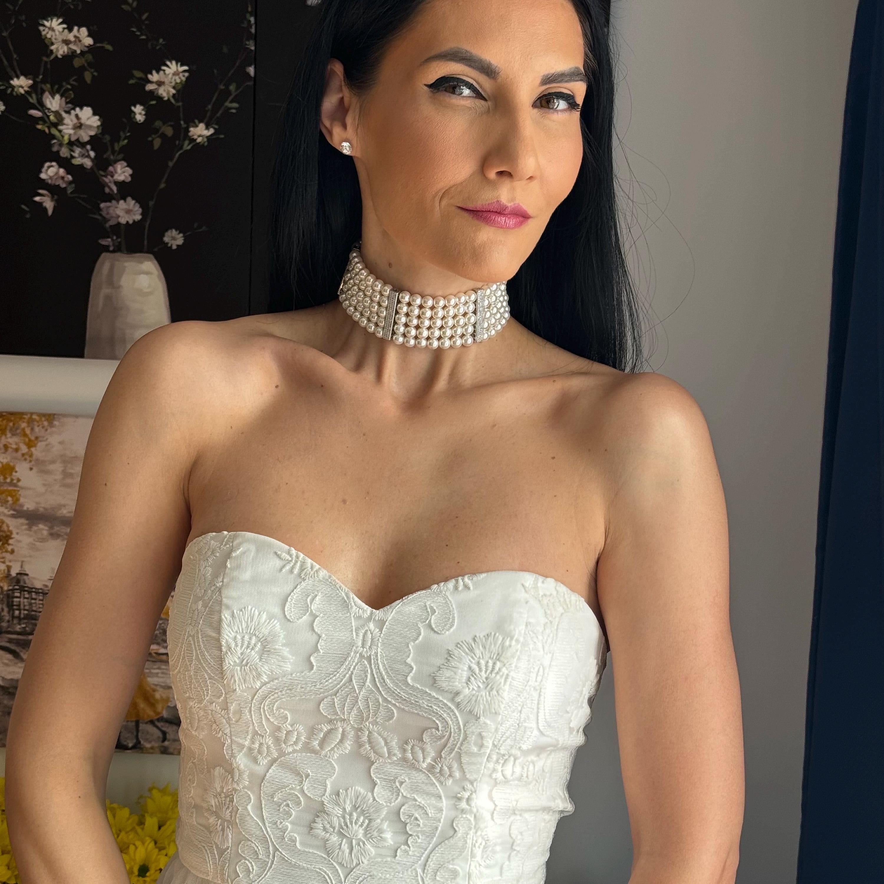 Crystal Pearl Collection Layered Choker Necklace Statement Jewelry Design Wedding Accessory Bridal Essential Five Strand Pearl Construction Gold Spacer Details Elegant Formal Style Adjustable Length Premium Quality Piece Sophisticated Look