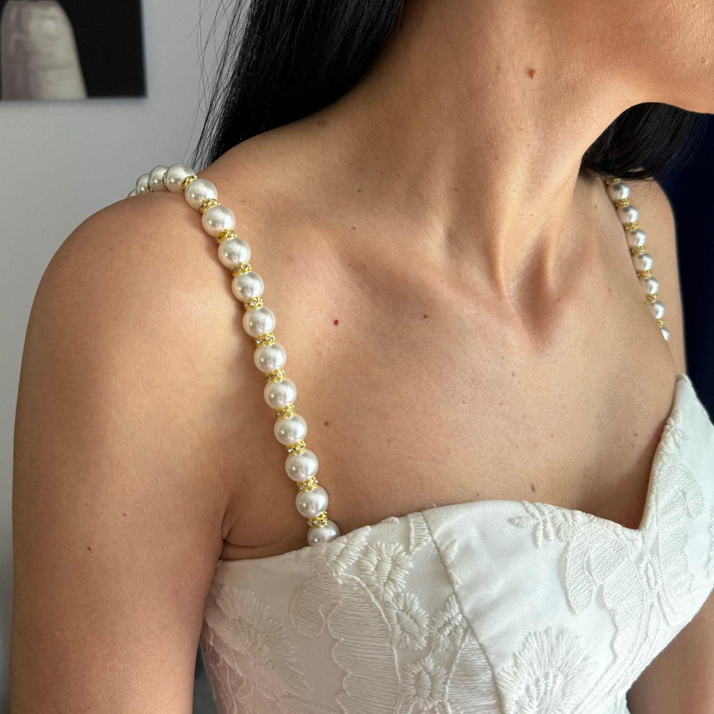 Pearl Dress Strap Shoulder Jewelry Removable Epaulettes Diamante Rhinestones Beaded Sew On Silver Bridal Accessory Wedding Gown Update Elegant Attire Enhancement Luxurious Addition Beautiful Dress Transformation Stunning Pearl Details
