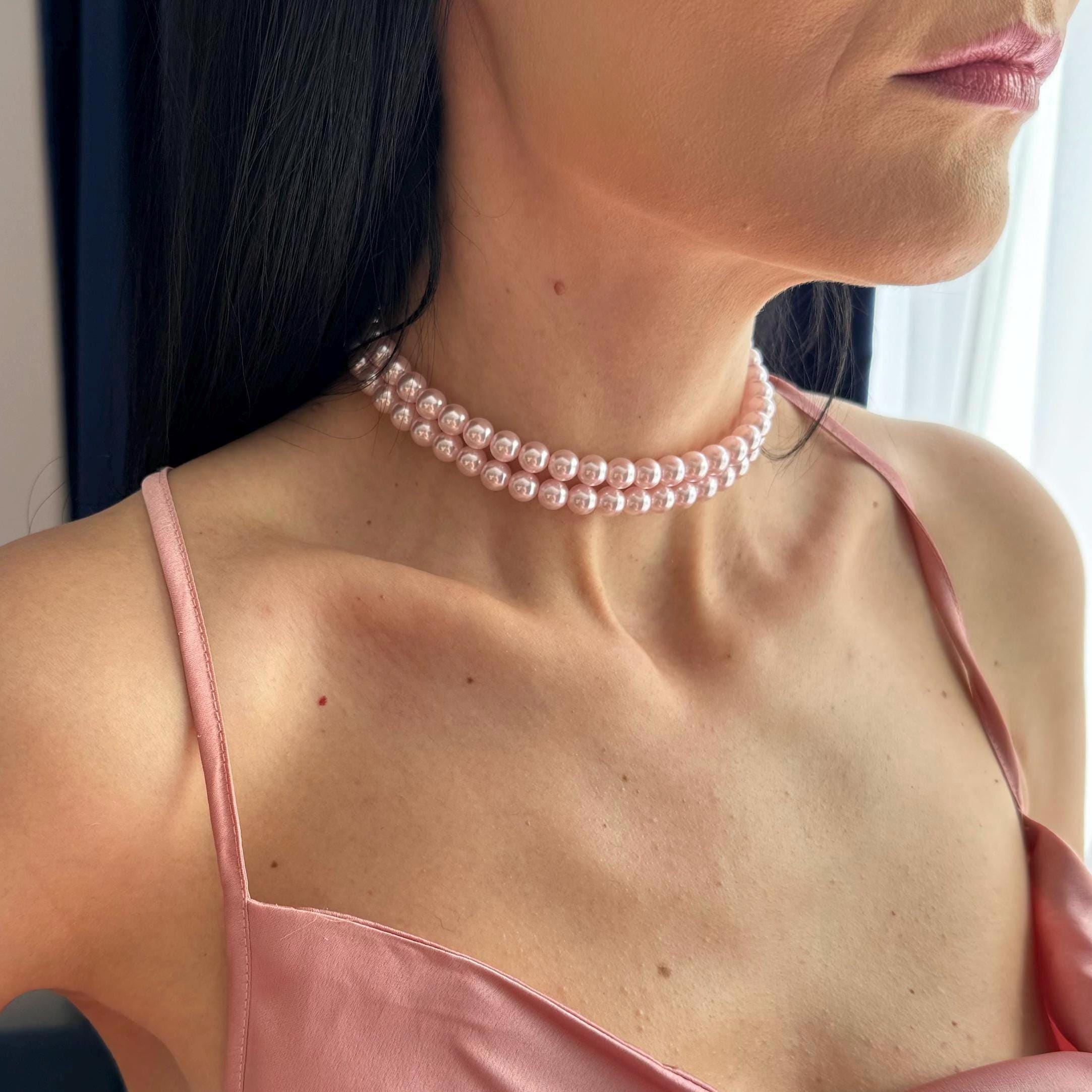 Pink Pearl Choker Necklace Bridesmaid Jewelry Wedding Accessory Elegant Layered Design Two Strand Pearl Collection Adjustable Length Chain Swarovski Quality Pearls Gold Plated Clasp Bridal Party Gift Sophisticated Evening Wear Feminine