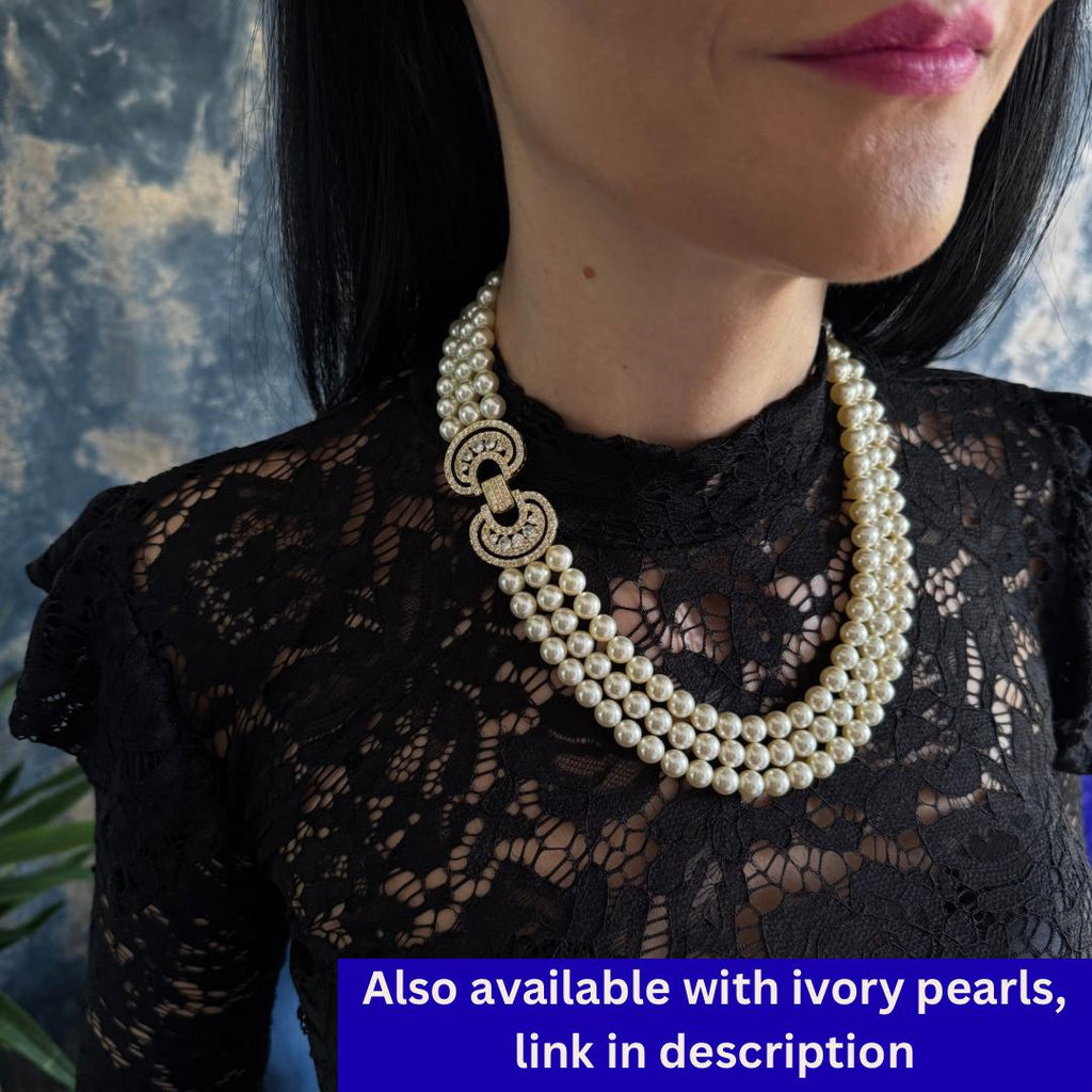 Triple strand pearl necklace with beautiful clasp, Layered pearl necklace Gift for Bridesmaids, Mother's Gift