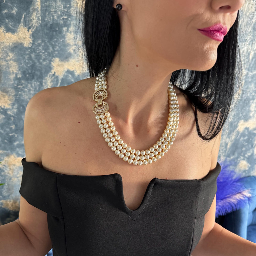 Luxury Formal Accessory Triple Strand Pearl Necklace Vintage Layered Design Statement Piece Wedding Jewelry Elegant Style Ivory Crystal Beads Rhinestone Clasp Gold Embellished Finish Special Occasion Gift Sophisticated Fashion Addition