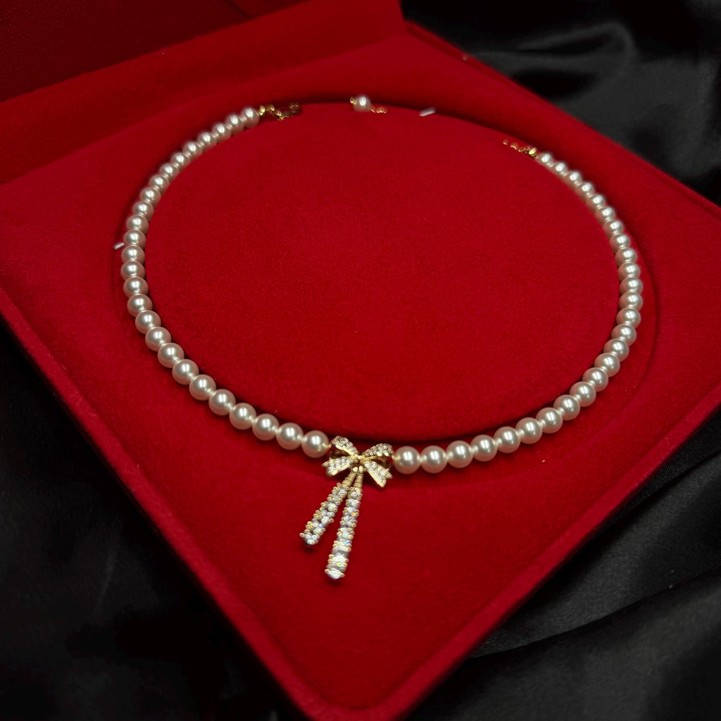 Crystal Pearl Choker Rhinestone Bow Detail Luxury Jewelry Collection Adjustable Length Design Gold Silver Plated Options Elegant Necklace Style Formal Wear Accessory Gift Box Included Special Occasion Present Perfect Wife Gift Valentine Day